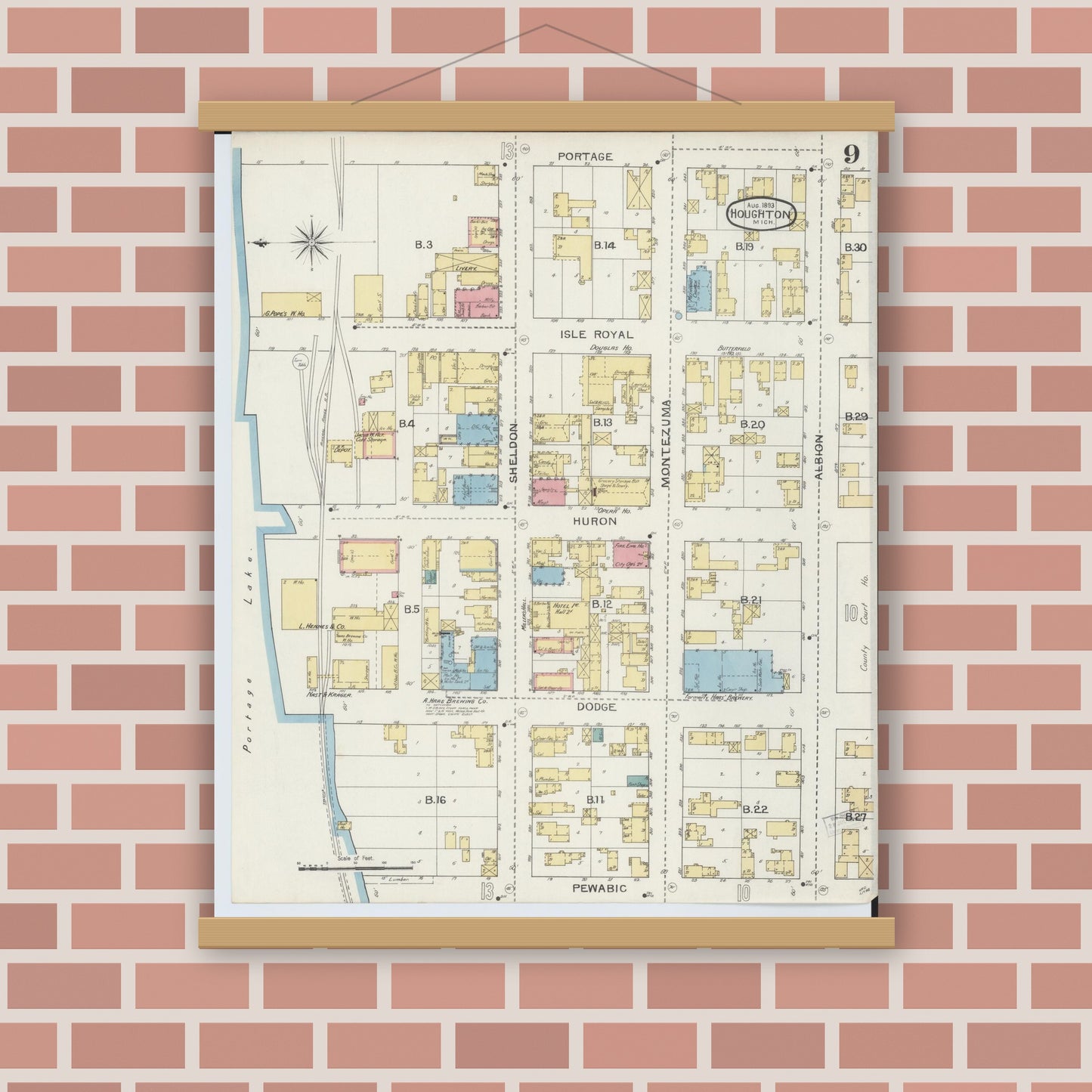 Old map wall art mockup — magnetic wood frame on brick wall — Sanborn Fire Insurance Map from Houghton, Houghton County, Michigan (1893), Sheet #0009