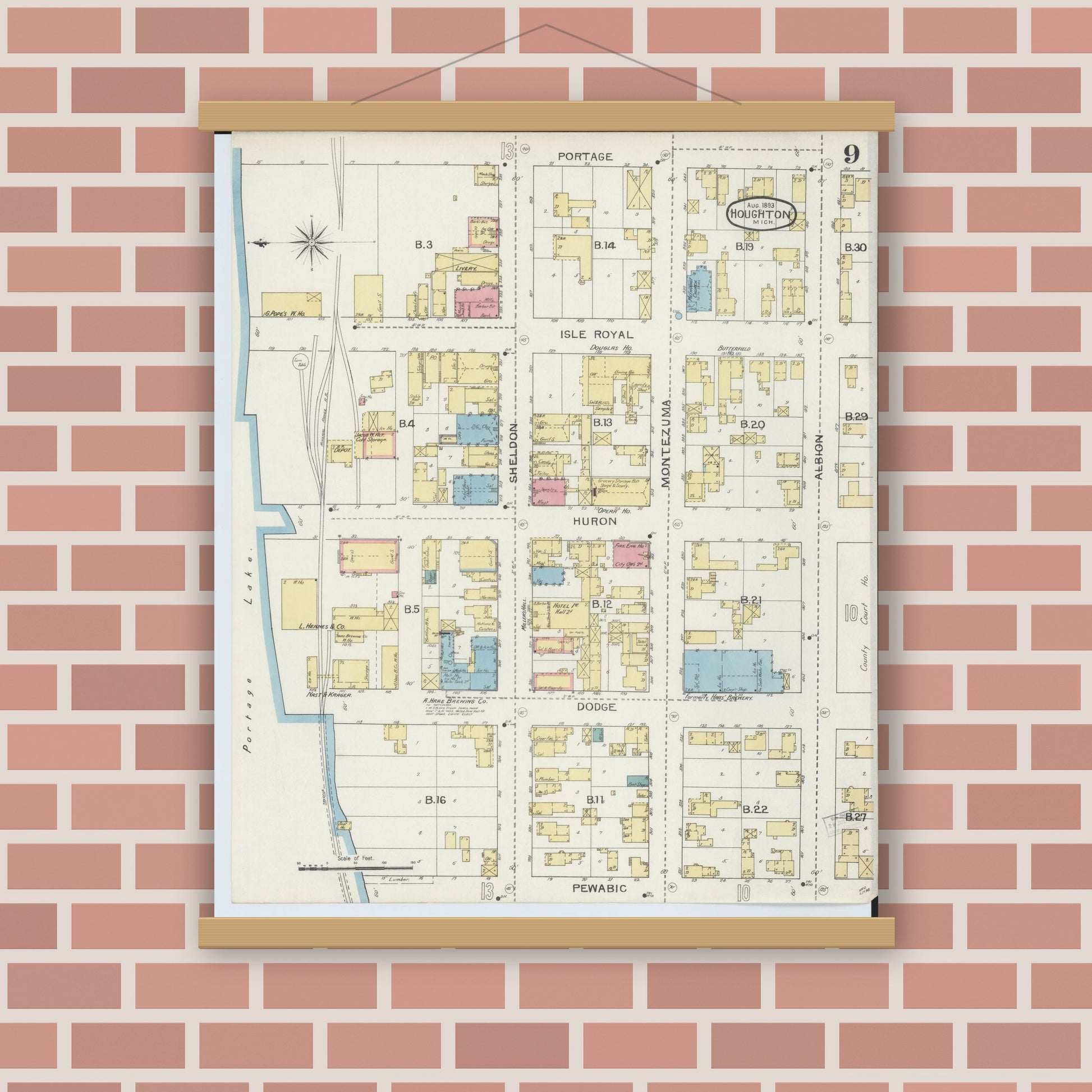Old map wall art mockup — magnetic wood frame on brick wall — Sanborn Fire Insurance Map from Houghton, Houghton County, Michigan (1893), Sheet #0009