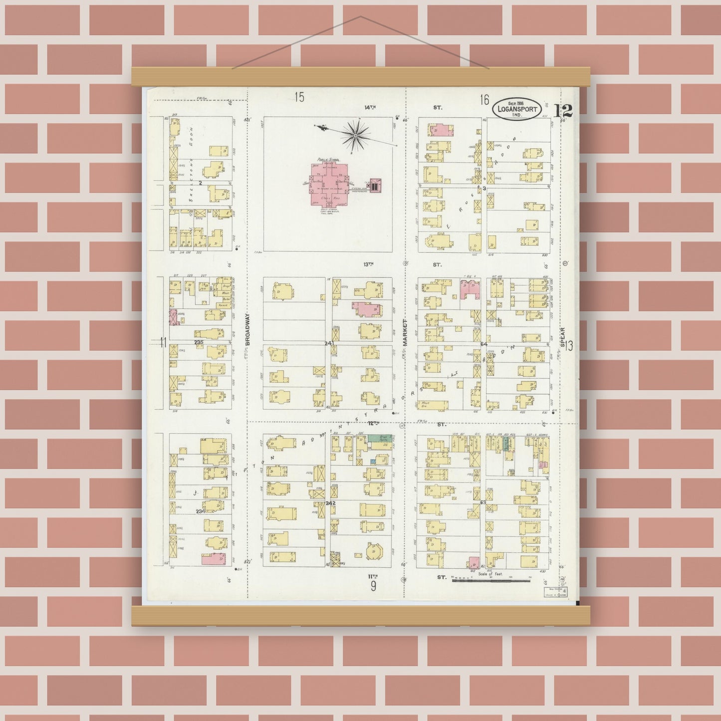 Old map wall art mockup — magnetic wood frame on brick wall — Sanborn Fire Insurance Map from Logansport, Cass County, Indiana (1906), Sheet #0012