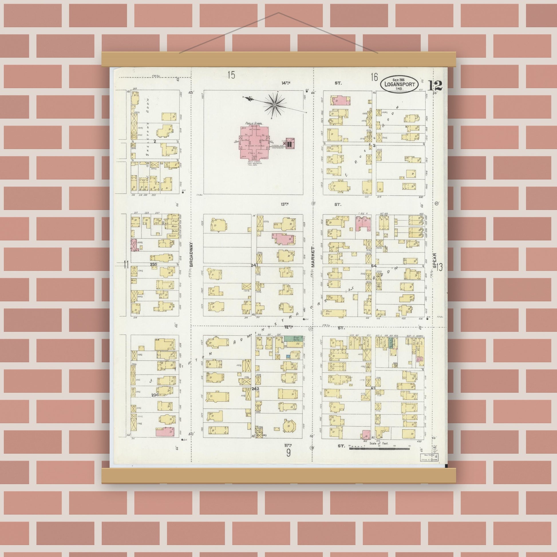 Old map wall art mockup — magnetic wood frame on brick wall — Sanborn Fire Insurance Map from Logansport, Cass County, Indiana (1906), Sheet #0012