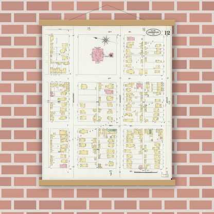 Old map wall art mockup — magnetic wood frame on brick wall — Sanborn Fire Insurance Map from Logansport, Cass County, Indiana (1906), Sheet #0012