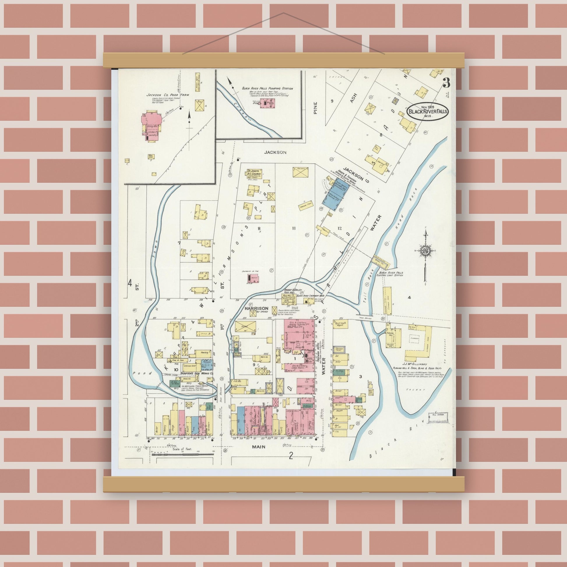 Old map wall art mockup — magnetic wood frame on brick wall — Sanborn Fire Insurance Map from Black River Falls, Jackson County, Wisconsin (1909), Sheet #0003