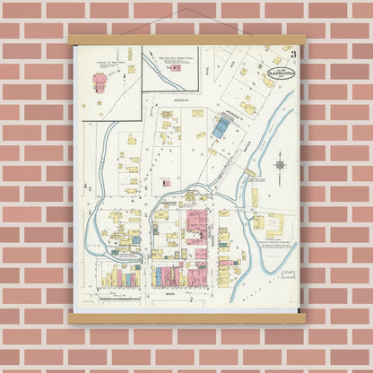 Old map wall art mockup — magnetic wood frame on brick wall — Sanborn Fire Insurance Map from Black River Falls, Jackson County, Wisconsin (1909), Sheet #0003