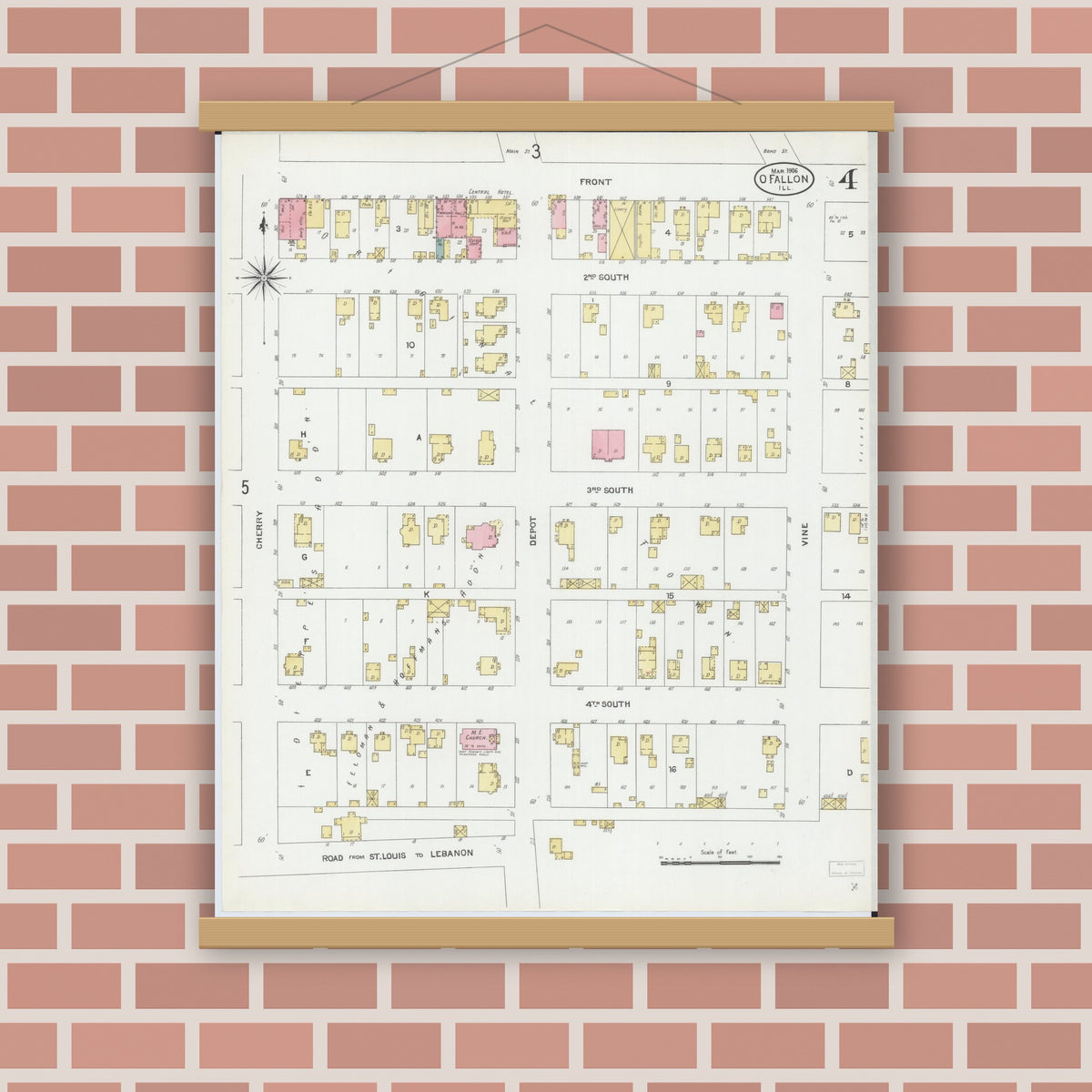 Old map wall art mockup — magnetic wood frame on brick wall — Sanborn Fire Insurance Map from O'Fallon, Saint Clair County, Illinois (1906), Sheet #0004