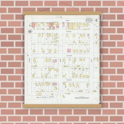 Old map wall art mockup — magnetic wood frame on brick wall — Sanborn Fire Insurance Map from O'Fallon, Saint Clair County, Illinois (1906), Sheet #0004