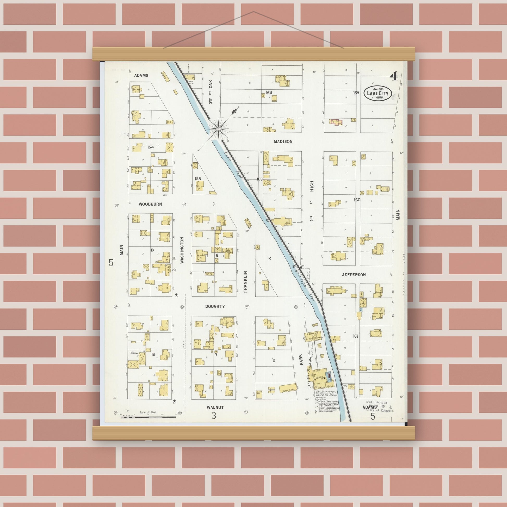 Old map wall art mockup — magnetic wood frame on brick wall — Sanborn Fire Insurance Map from Lake City, Wabasha County, Minnesota (1900), Sheet #0004