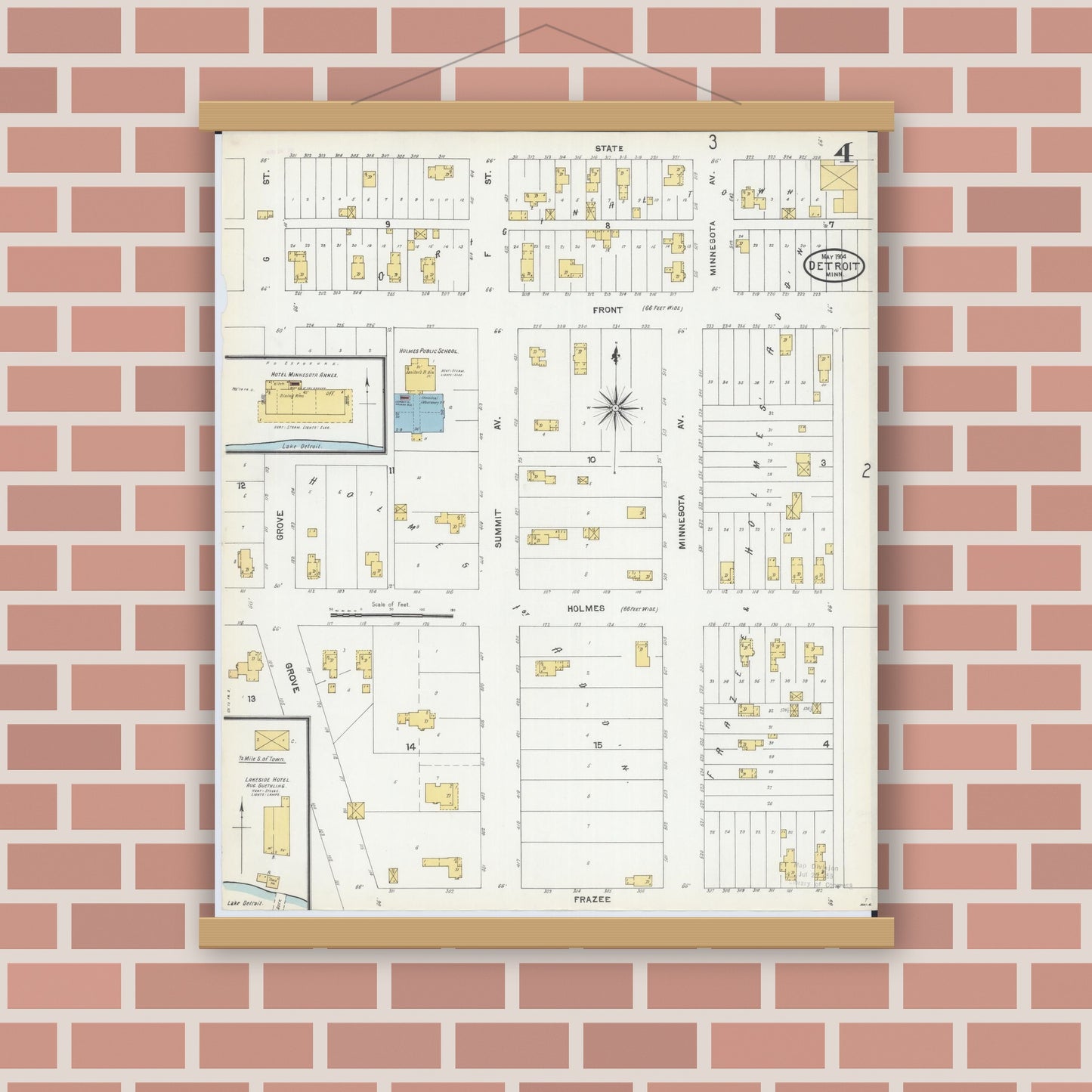 Old map wall art mockup — magnetic wood frame on brick wall — Sanborn Fire Insurance Map from Detroit Lakes, Becker County, Minnesota (1904), Sheet #0004