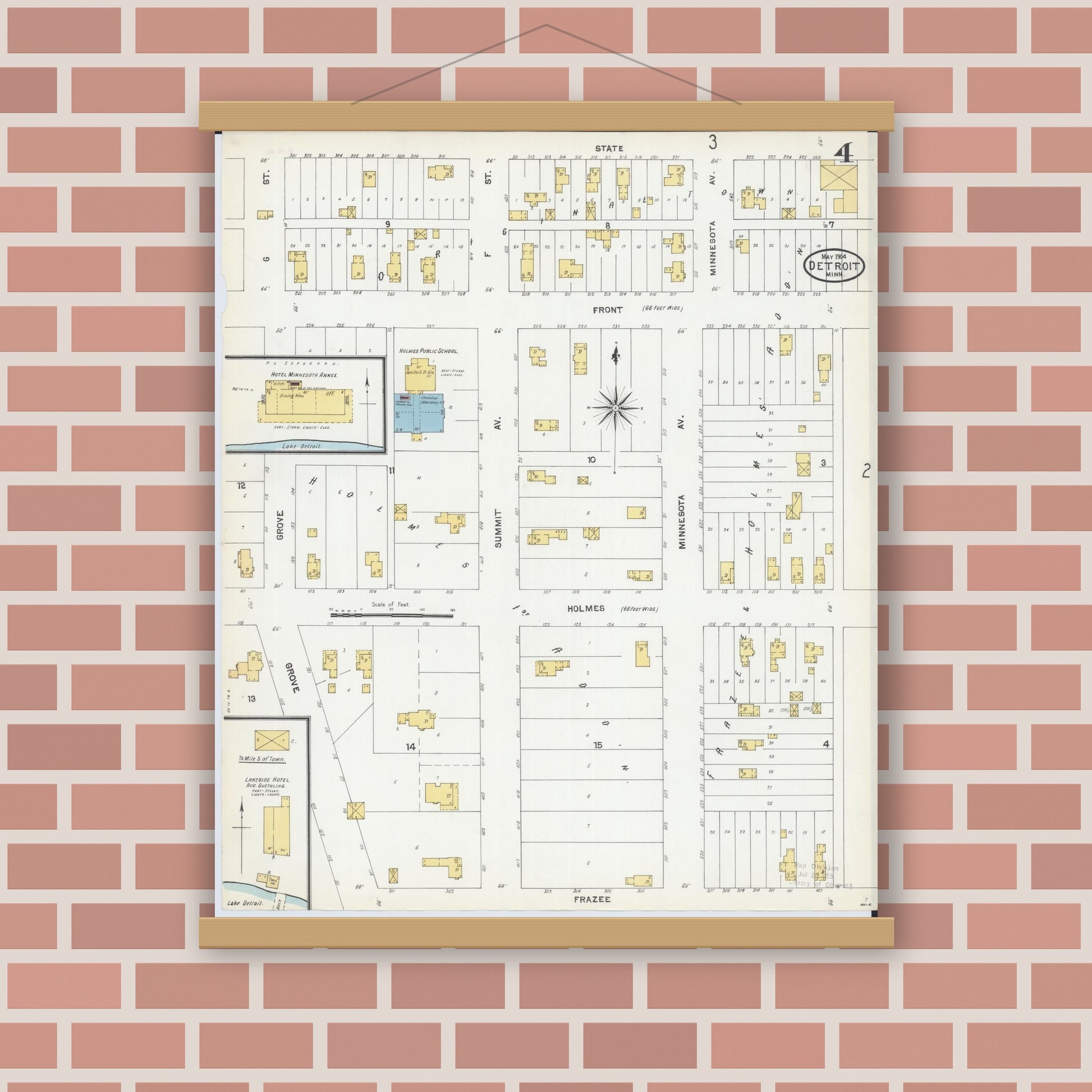 Old map wall art mockup — magnetic wood frame on brick wall — Sanborn Fire Insurance Map from Detroit Lakes, Becker County, Minnesota (1904), Sheet #0004