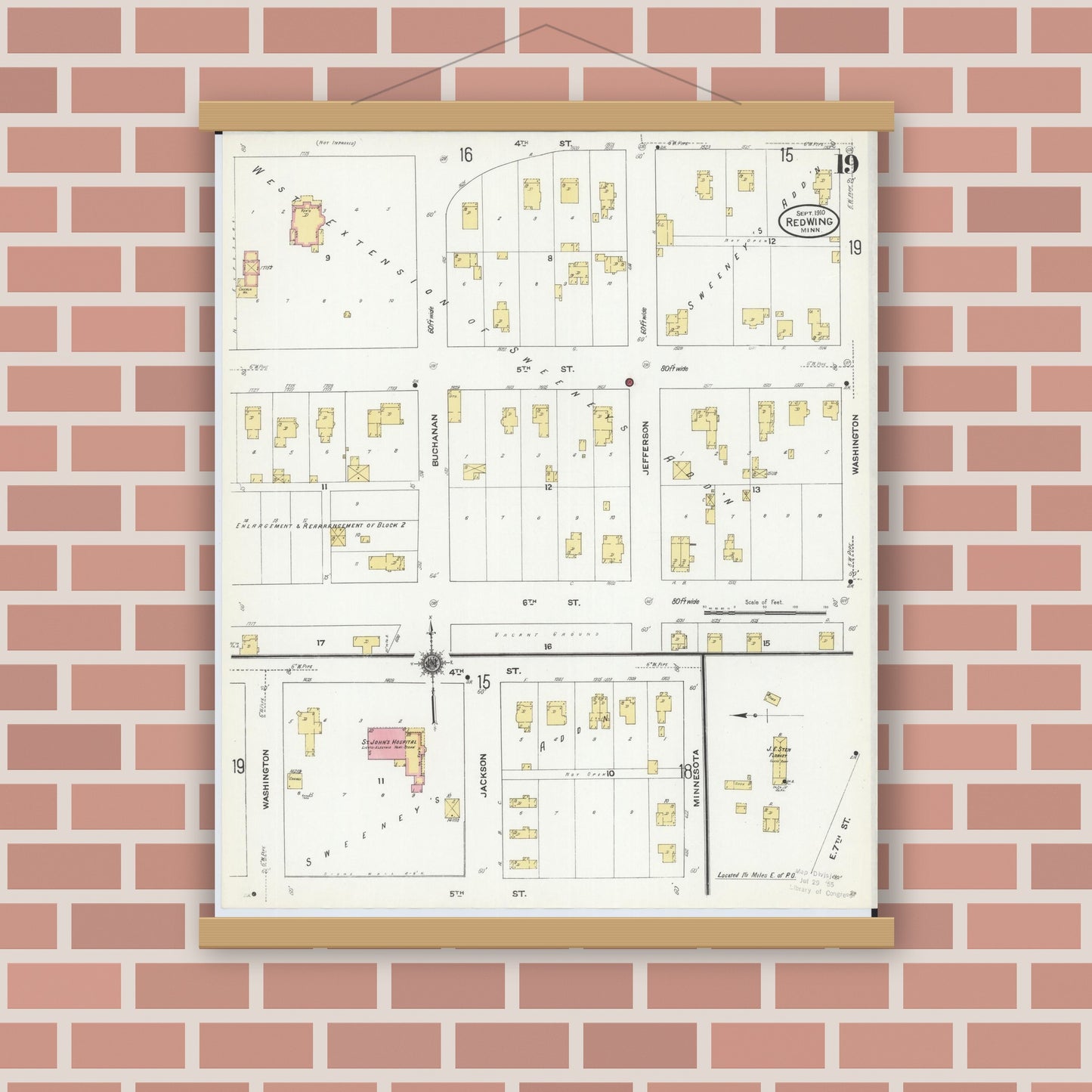 Old map wall art mockup — magnetic wood frame on brick wall — Sanborn Fire Insurance Map from Red Wing, Goodhue County, Minnesota (1910), Sheet #0019