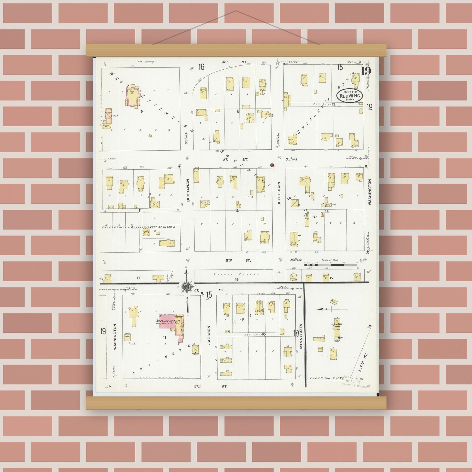 Old map wall art mockup — magnetic wood frame on brick wall — Sanborn Fire Insurance Map from Red Wing, Goodhue County, Minnesota (1910), Sheet #0019