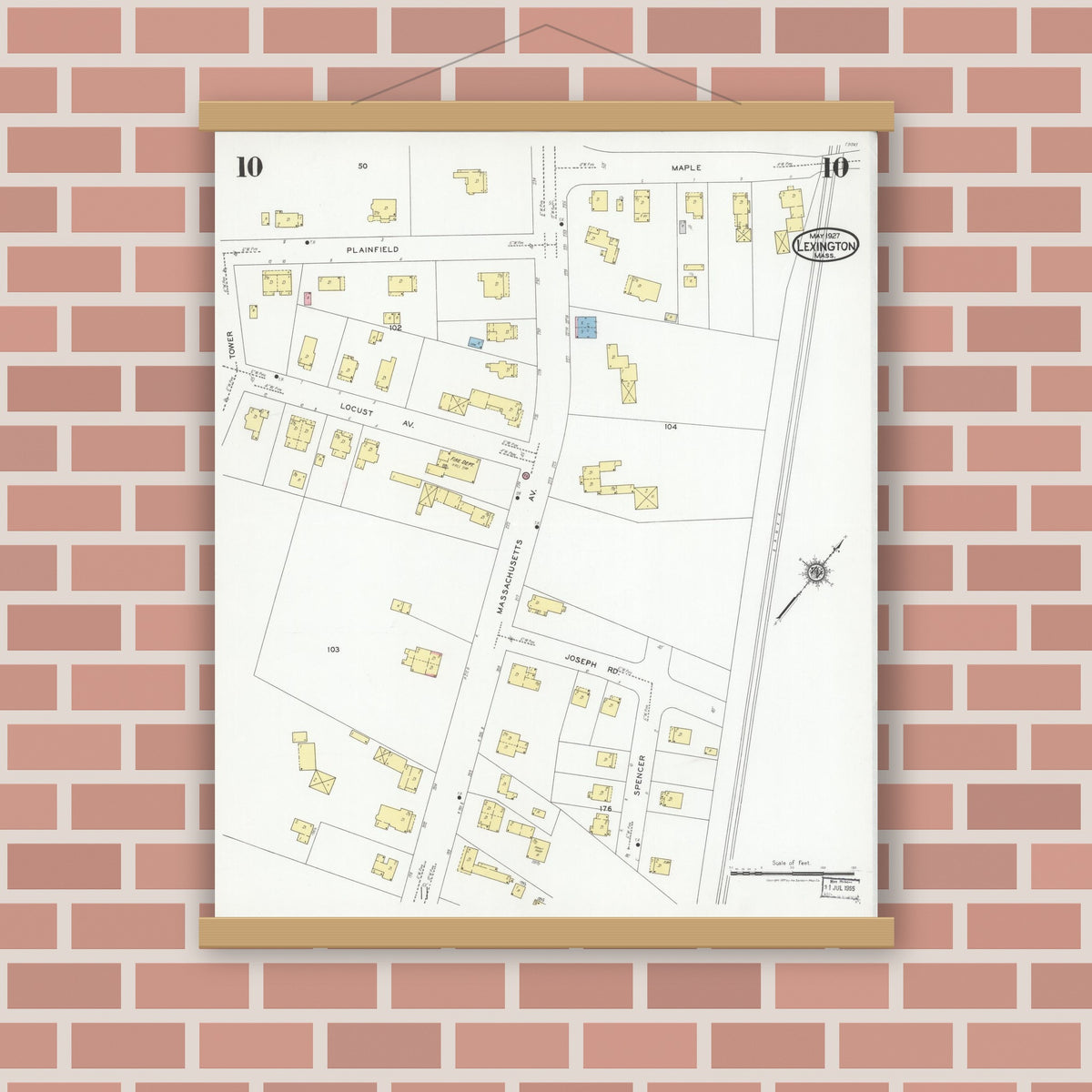 Old map wall art mockup — magnetic wood frame on brick wall — Sanborn Fire Insurance Map from Lexington, Middlesex County, Massachusetts (1927), Sheet #0010
