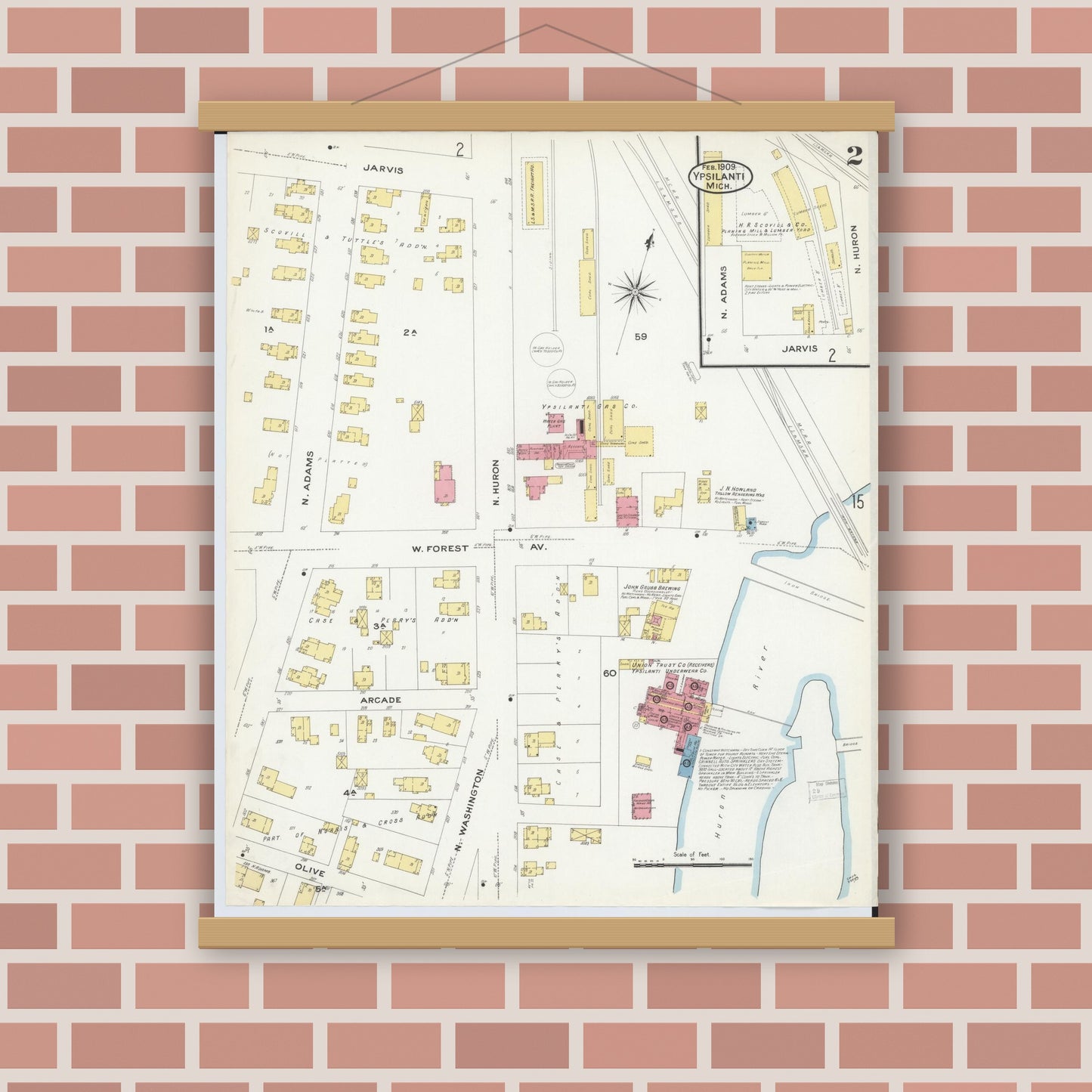 Old map wall art mockup — magnetic wood frame on brick wall — Sanborn Fire Insurance Map from Ypsilanti, Washtenaw County, Michigan (1909), Sheet #0002
