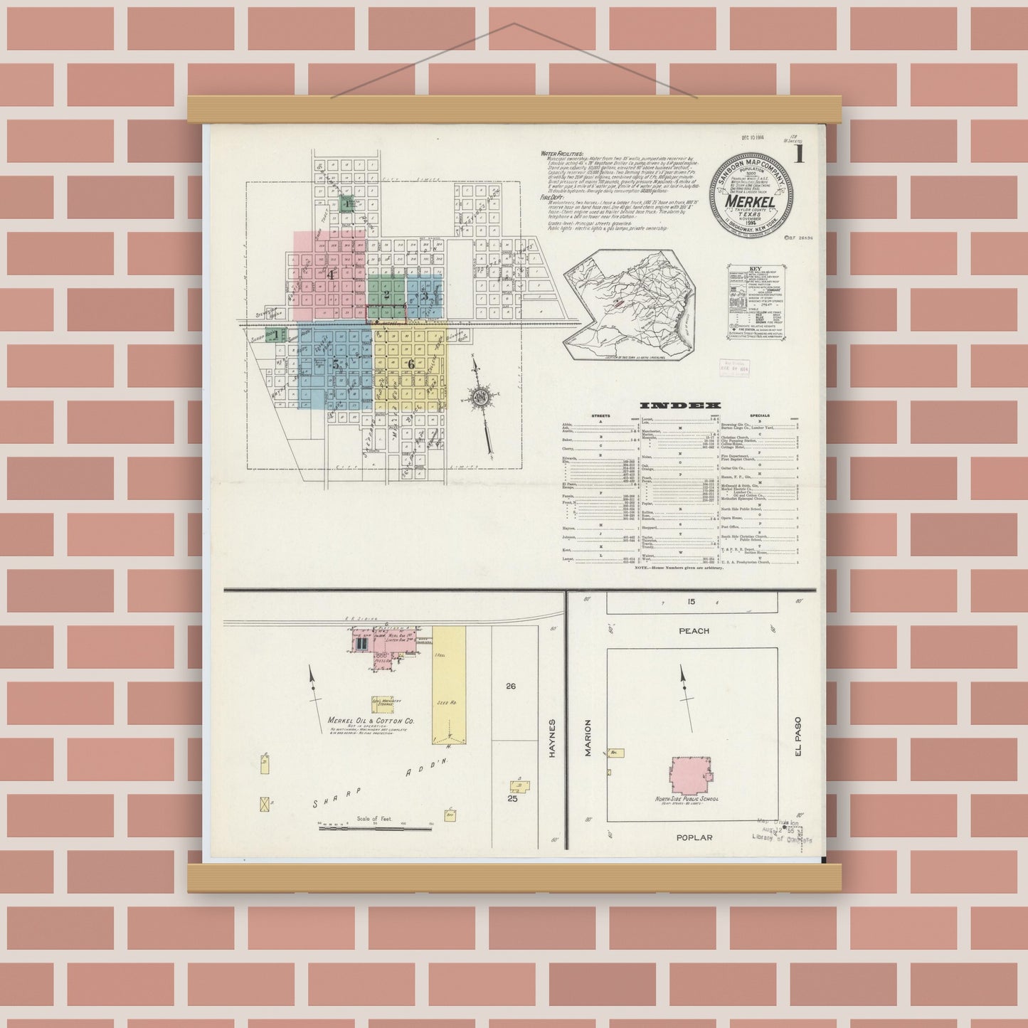 Old map wall art mockup — magnetic wood frame on brick wall — Sanborn Fire Insurance Map from Merkel, Taylor County, Texas (1914), Sheet #0001