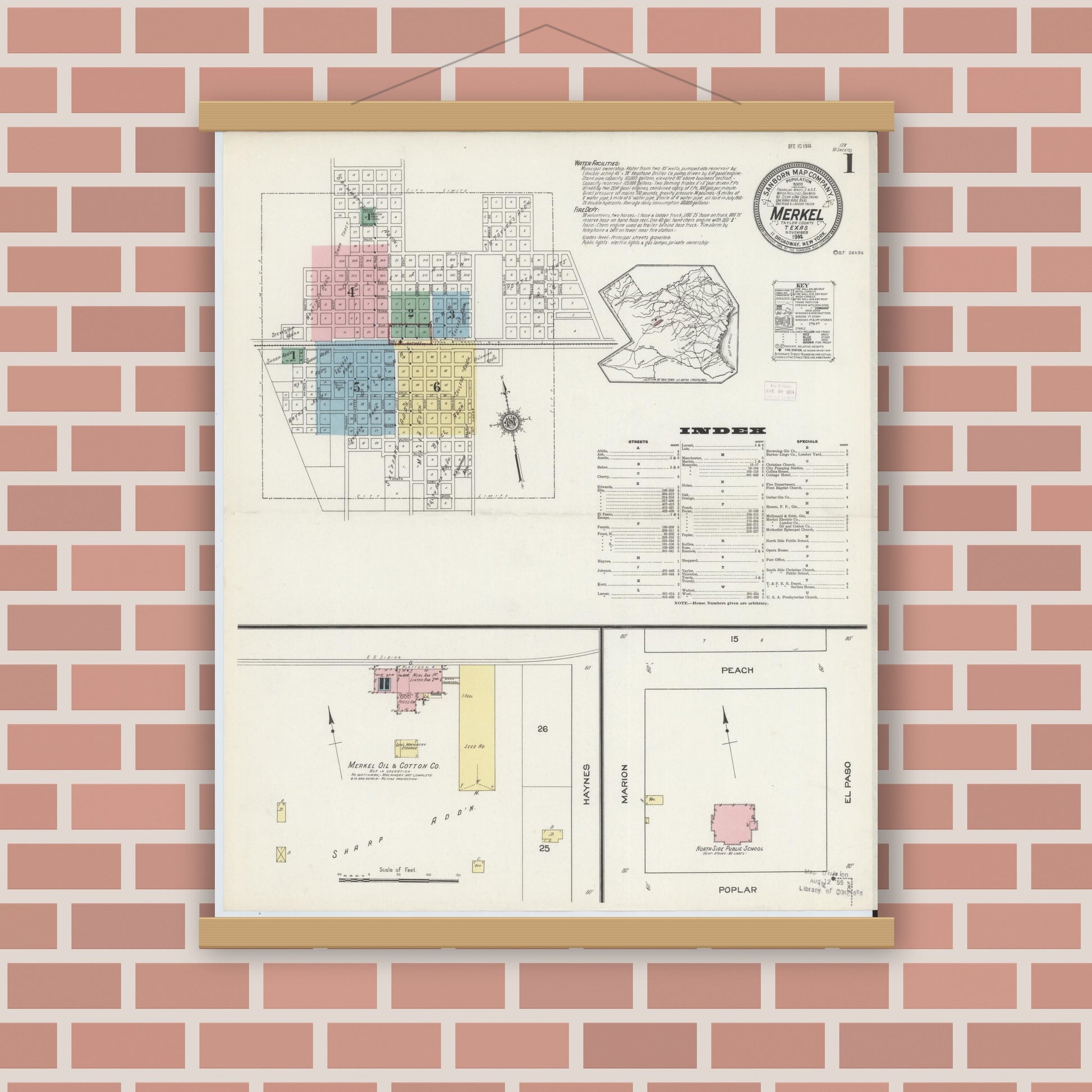 Old map wall art mockup — magnetic wood frame on brick wall — Sanborn Fire Insurance Map from Merkel, Taylor County, Texas (1914), Sheet #0001