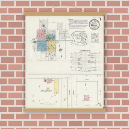 Old map wall art mockup — magnetic wood frame on brick wall — Sanborn Fire Insurance Map from Merkel, Taylor County, Texas (1914), Sheet #0001