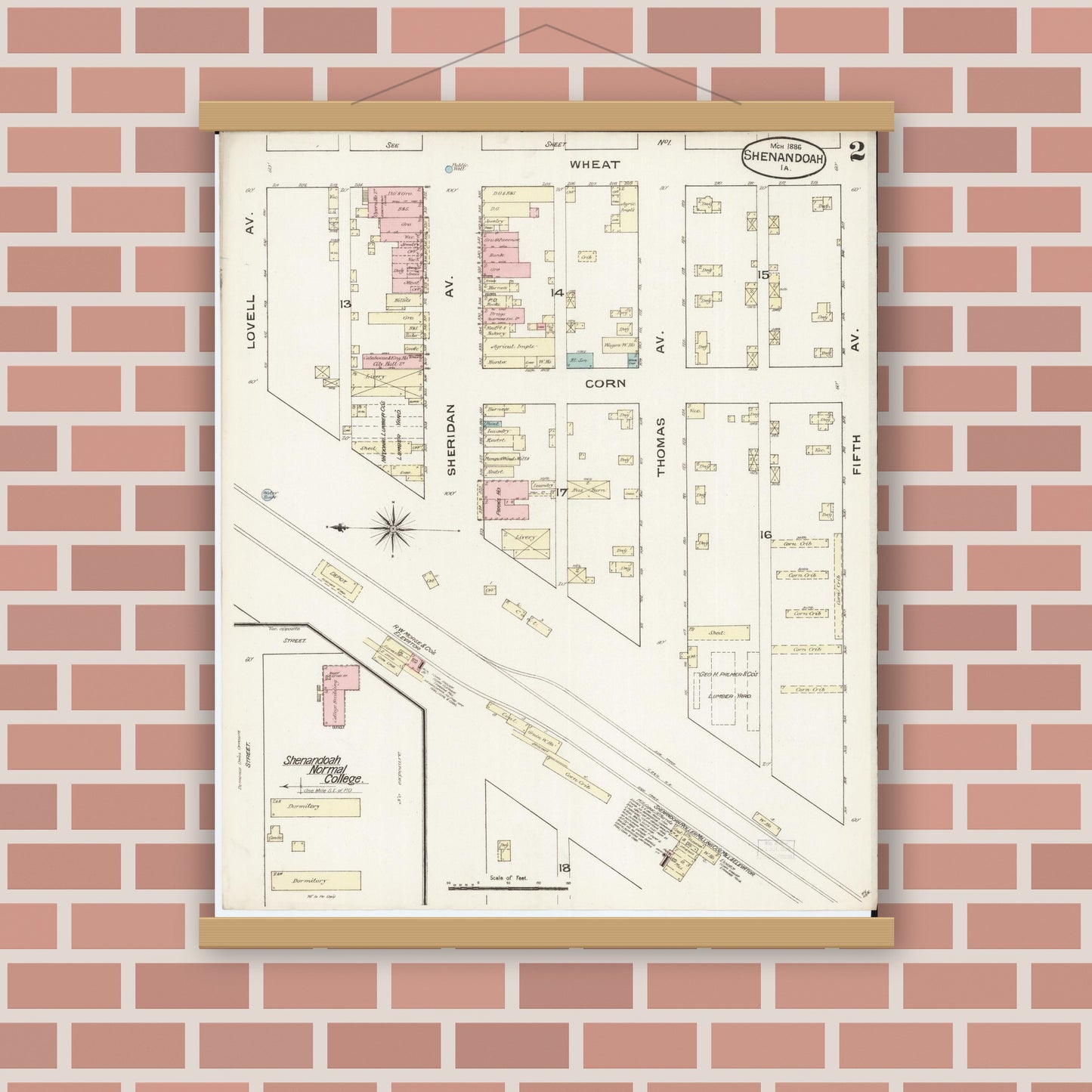 Old map wall art mockup — magnetic wood frame on brick wall — Sanborn Fire Insurance Map from Shenandoah, Page County, Iowa (1886), Sheet #0002