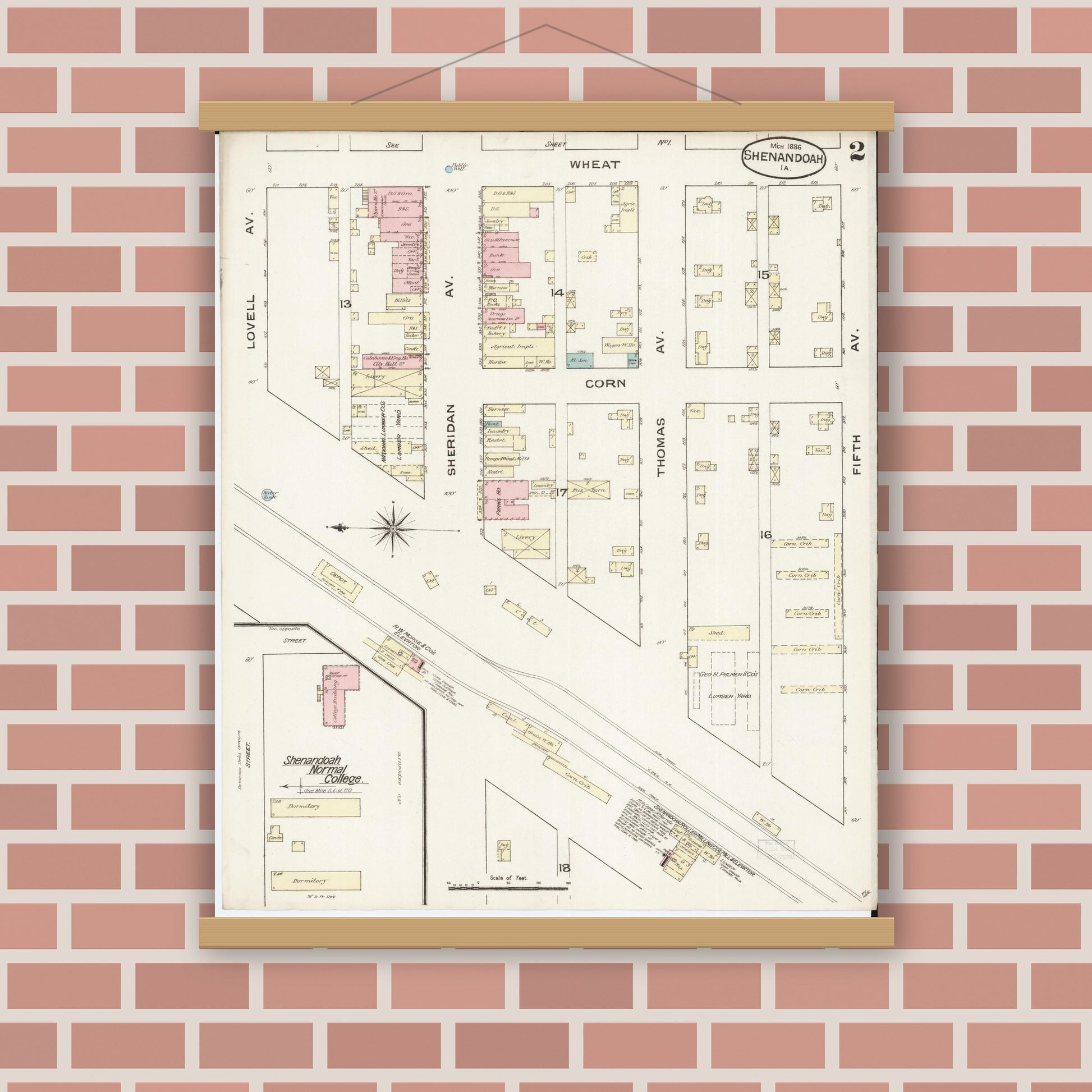 Old map wall art mockup — magnetic wood frame on brick wall — Sanborn Fire Insurance Map from Shenandoah, Page County, Iowa (1886), Sheet #0002
