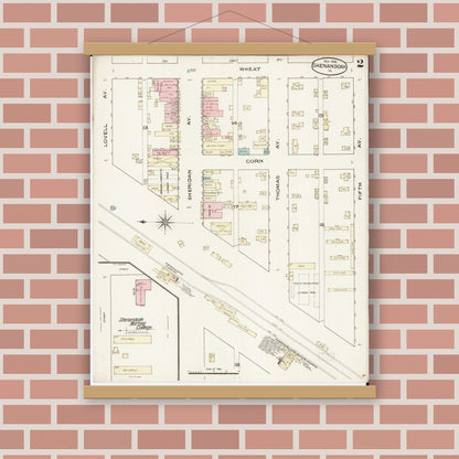 Old map wall art mockup — magnetic wood frame on brick wall — Sanborn Fire Insurance Map from Shenandoah, Page County, Iowa (1886), Sheet #0002