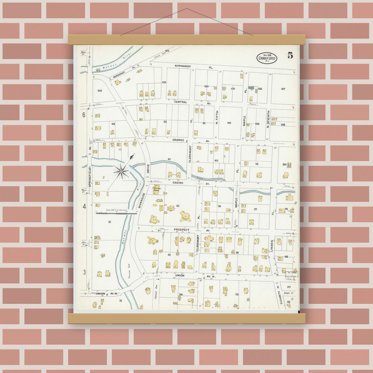 Old map wall art mockup — magnetic wood frame on brick wall — Sanborn Fire Insurance Map from Cranford, Union County, New Jersey (1908), Sheet #0005