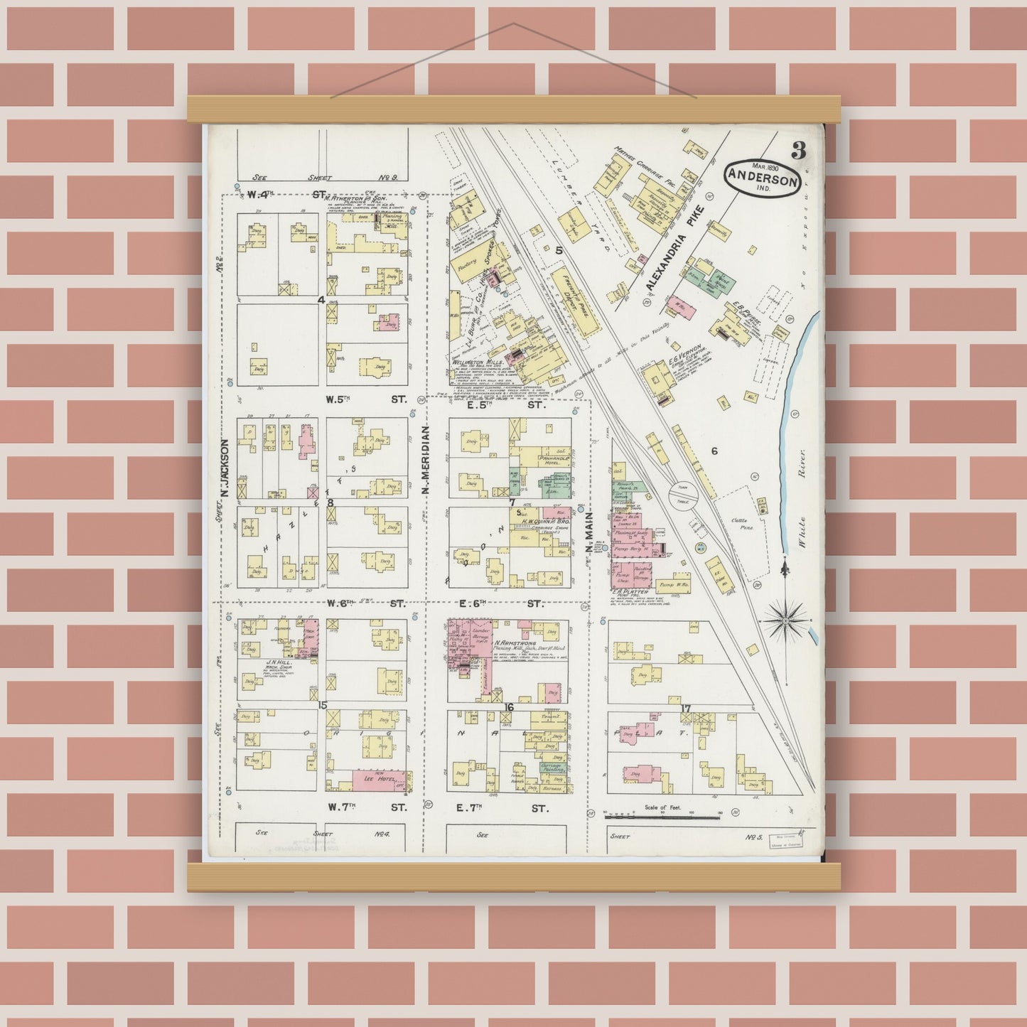 Old map wall art mockup — magnetic wood frame on brick wall — Sanborn Fire Insurance Map from Anderson, Madison County, Indiana (1890), Sheet #0003