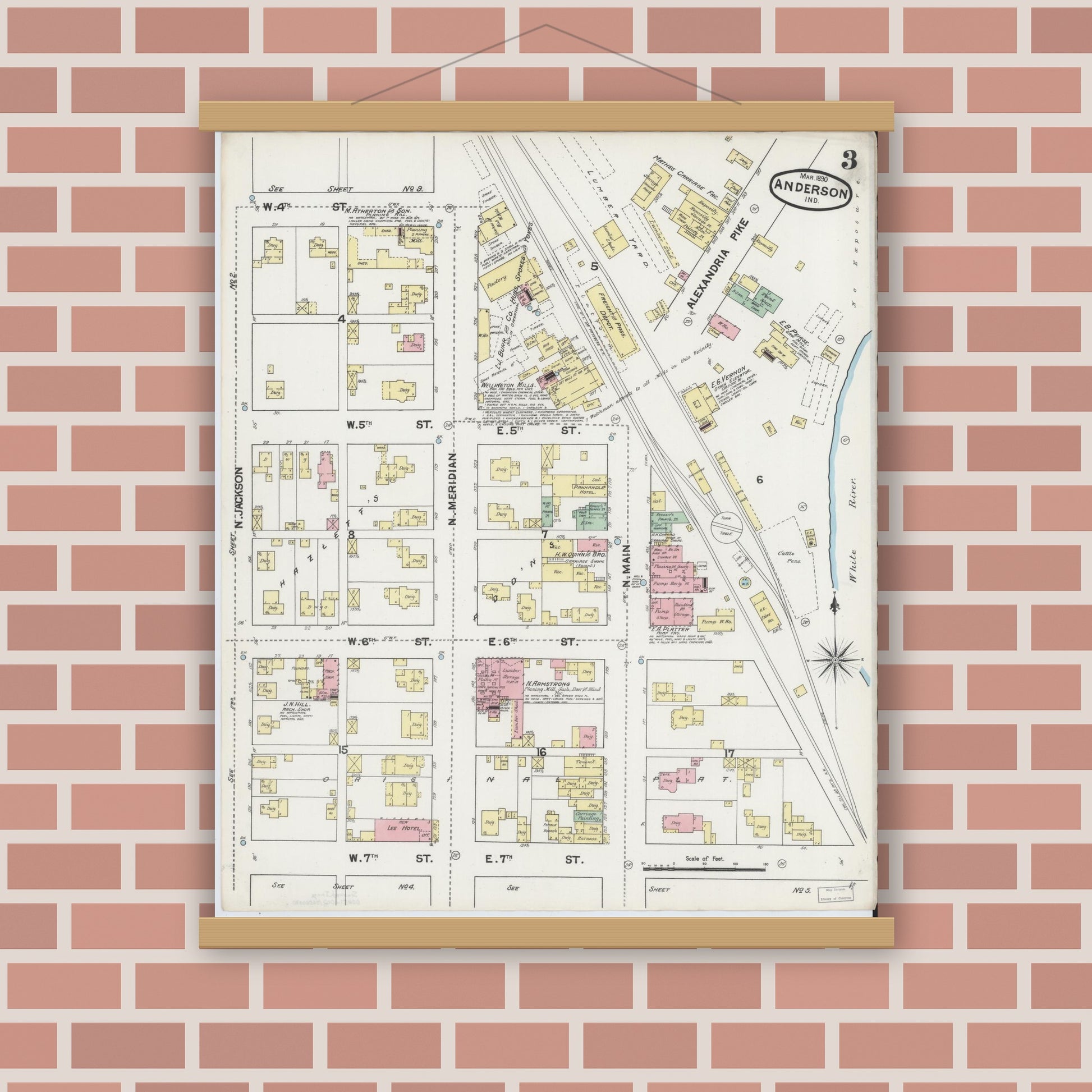 Old map wall art mockup — magnetic wood frame on brick wall — Sanborn Fire Insurance Map from Anderson, Madison County, Indiana (1890), Sheet #0003