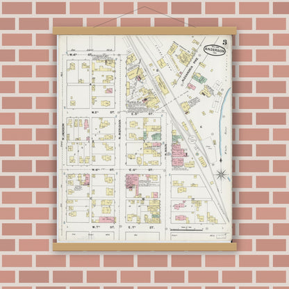 Old map wall art mockup — magnetic wood frame on brick wall — Sanborn Fire Insurance Map from Anderson, Madison County, Indiana (1890), Sheet #0003