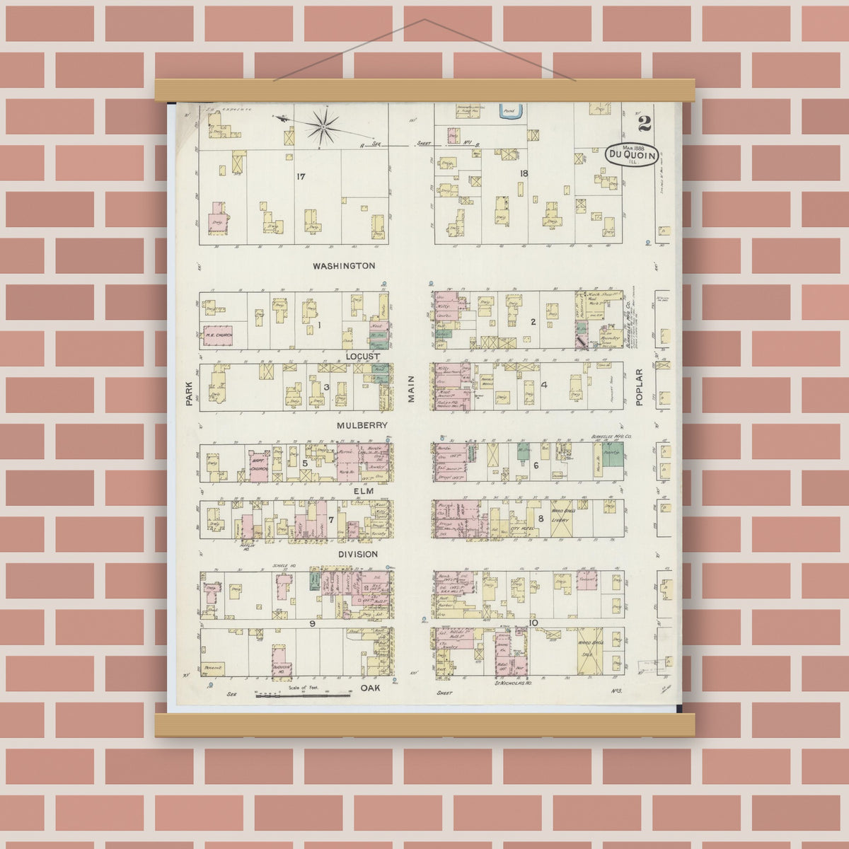 Old map wall art mockup — magnetic wood frame on brick wall — Sanborn Fire Insurance Map from Du Quoin, Perry County, Illinois (1888), Sheet #0002