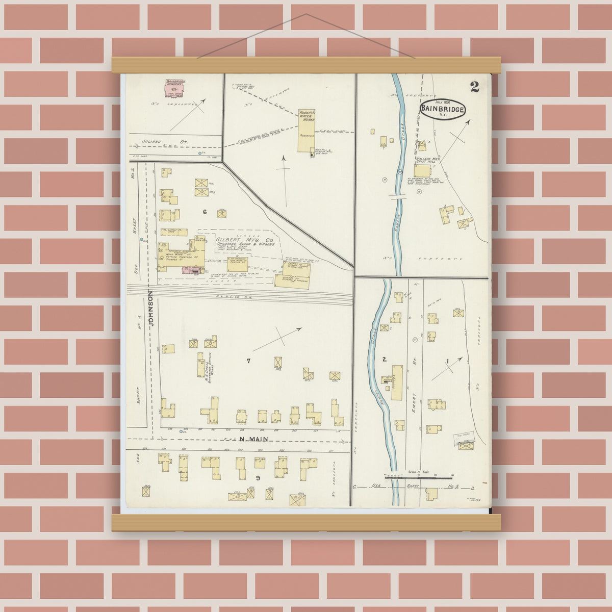 Old map wall art mockup — magnetic wood frame on brick wall — Sanborn Fire Insurance Map from Bainbridge, Chenango County, New York (1891), Sheet #0002