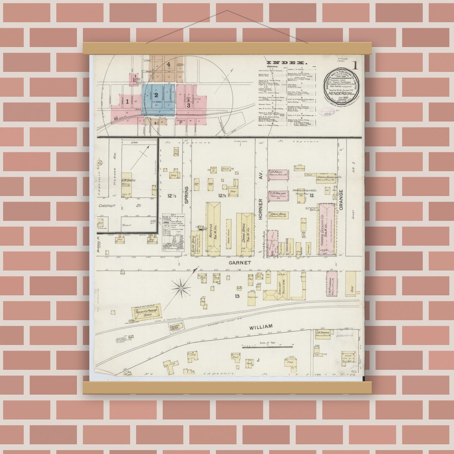 Old map wall art mockup — magnetic wood frame on brick wall — Sanborn Fire Insurance Map from Henderson, Vance County, North Carolina (1888) - Complete Map Set