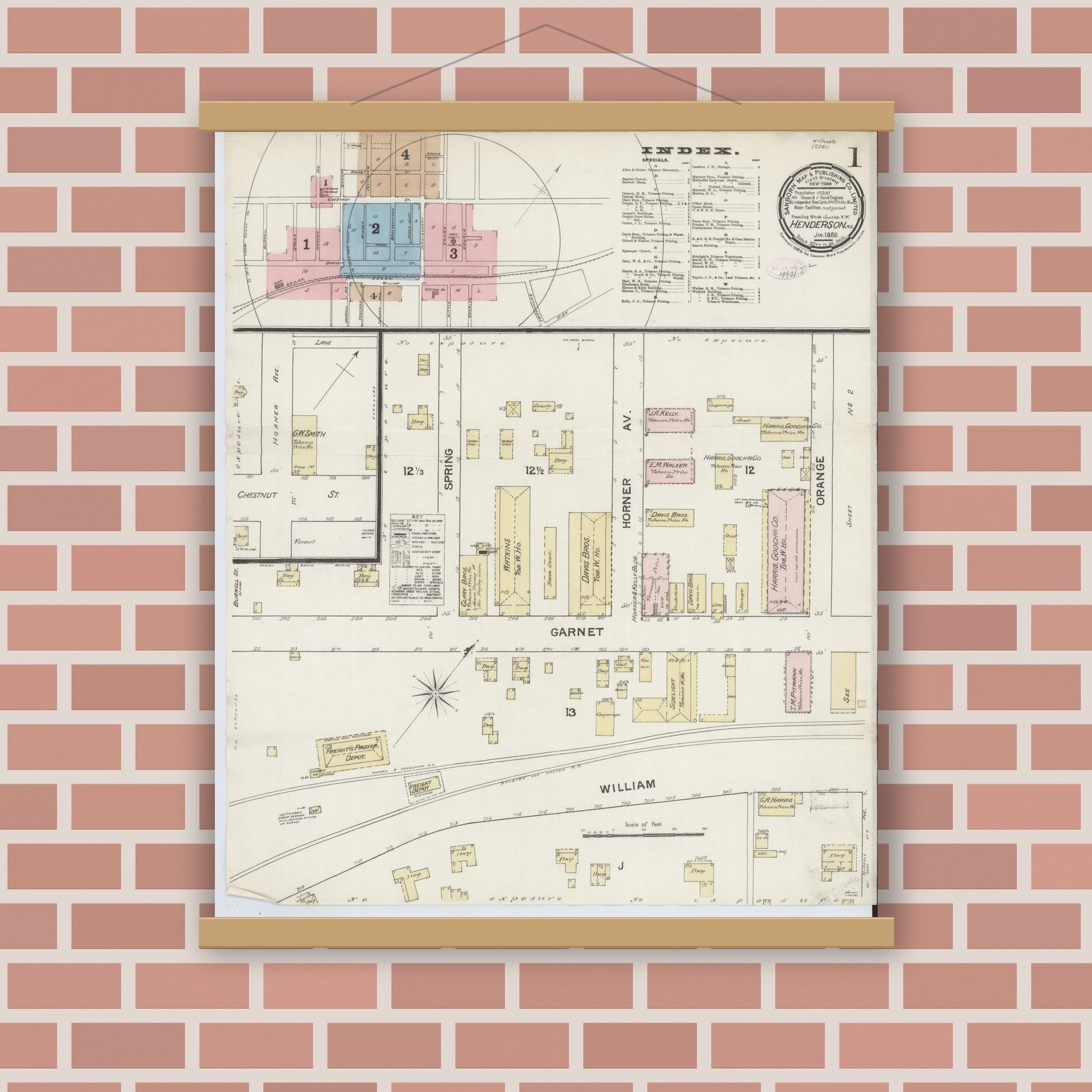 Old map wall art mockup — magnetic wood frame on brick wall — Sanborn Fire Insurance Map from Henderson, Vance County, North Carolina (1888) - Complete Map Set