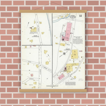 Old map wall art mockup — magnetic wood frame on brick wall — Sanborn Fire Insurance Map from Lenoir, Caldwell County, North Carolina (1921), Sheet #0014
