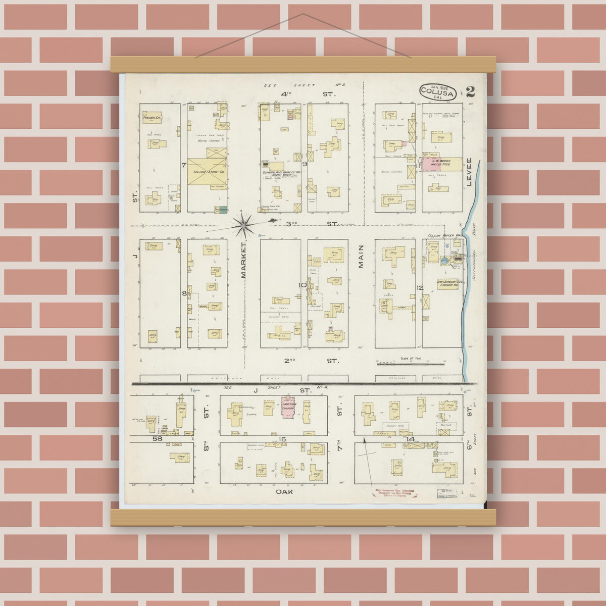Old map wall art mockup — magnetic wood frame on brick wall — Sanborn Fire Insurance Map from Colusa, Colusa County, California (1886), Sheet #0002