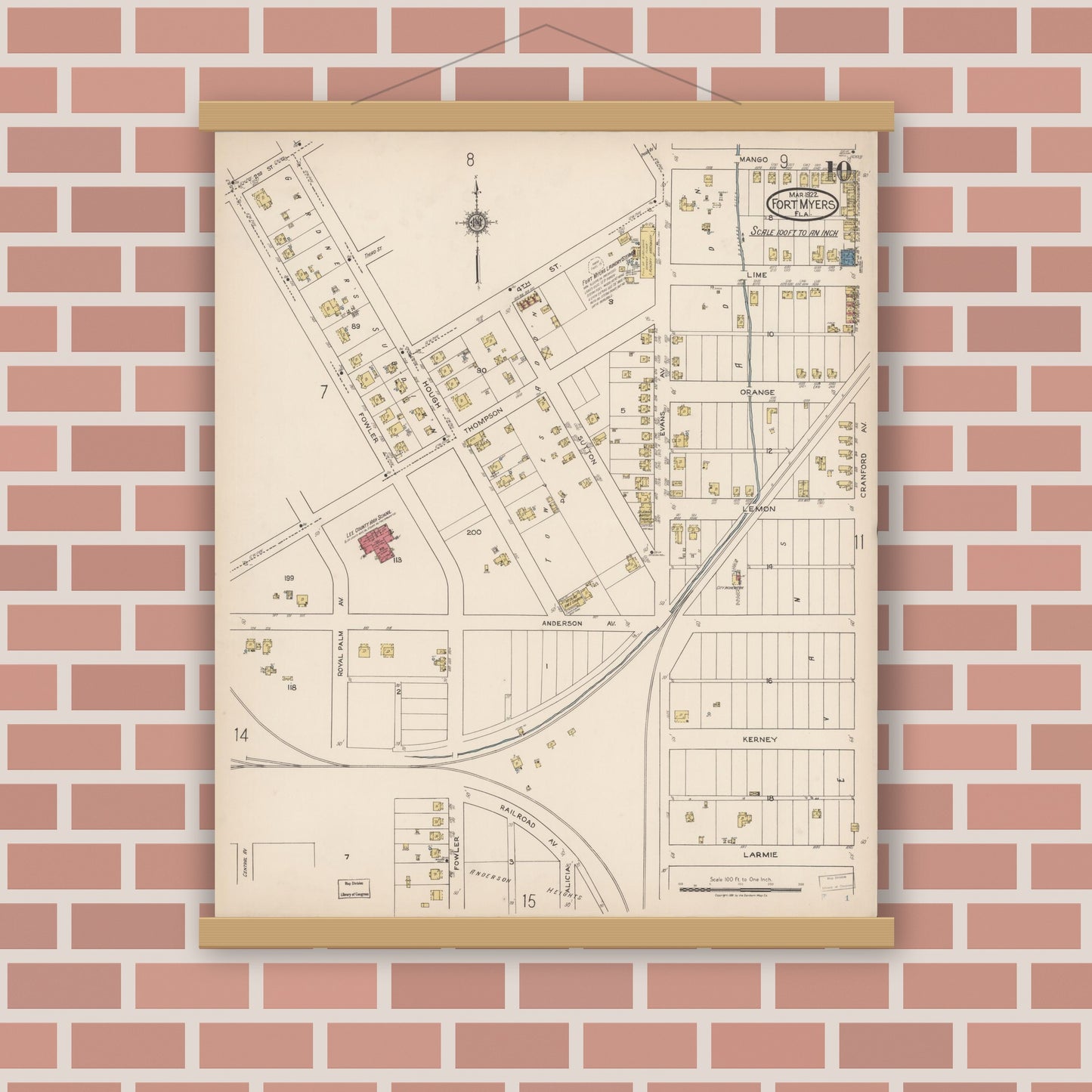 Old map wall art mockup — magnetic wood frame on brick wall — Sanborn Fire Insurance Map from Fort Myers, Lee County, Florida (1922), Sheet #0010