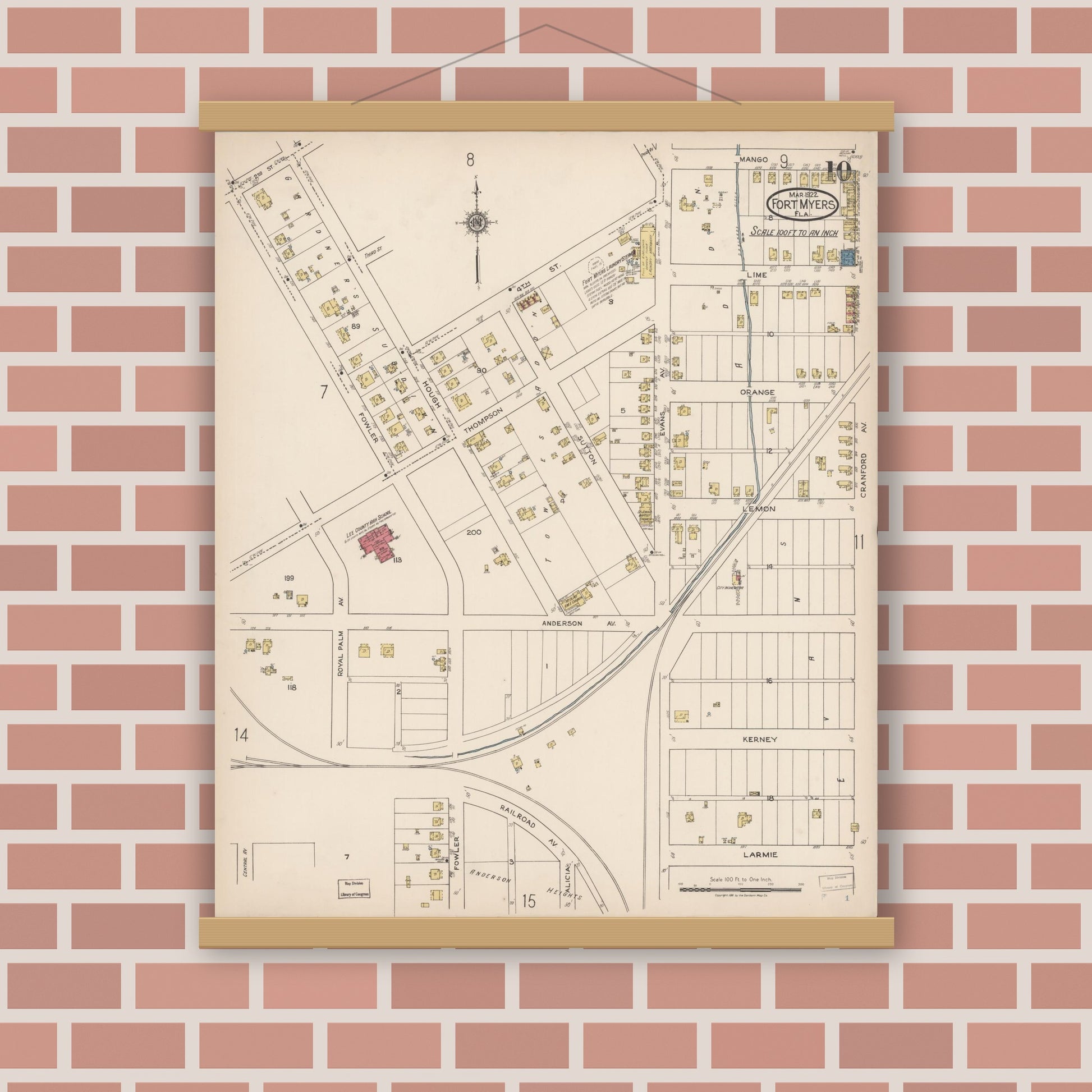 Old map wall art mockup — magnetic wood frame on brick wall — Sanborn Fire Insurance Map from Fort Myers, Lee County, Florida (1922), Sheet #0010