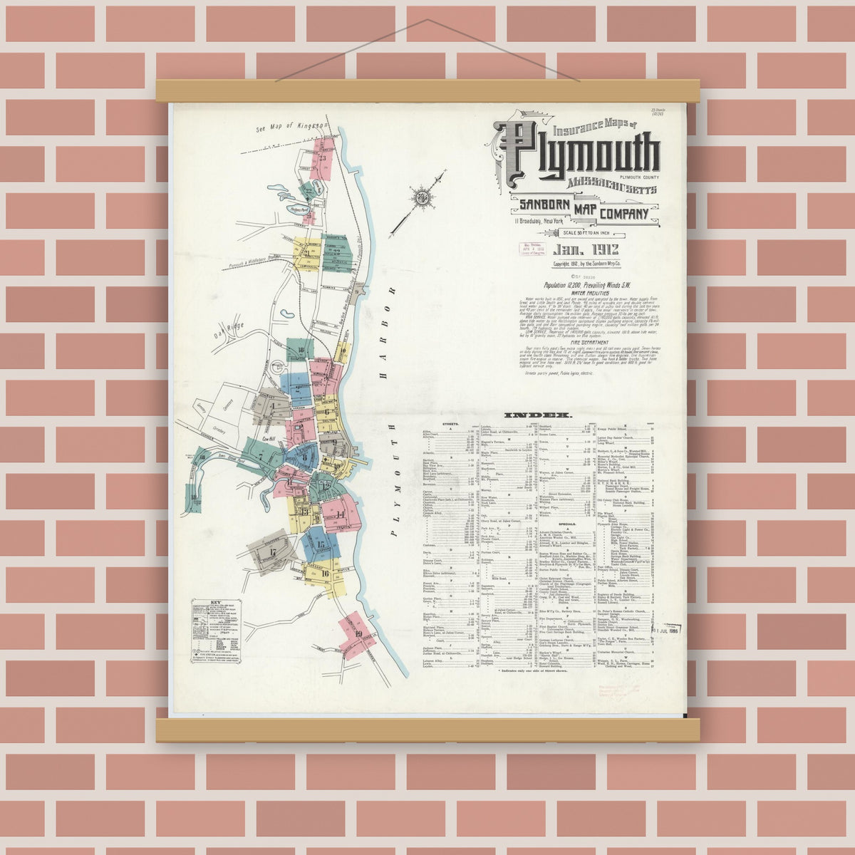 Old map wall art mockup — magnetic wood frame on brick wall — Sanborn Fire Insurance Map from Plymouth, Plymouth County, Massachusetts (1912), Sheet #0001