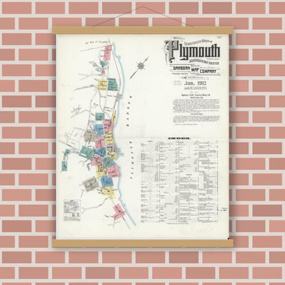 Old map wall art mockup — magnetic wood frame on brick wall — Sanborn Fire Insurance Map from Plymouth, Plymouth County, Massachusetts (1912), Sheet #0001
