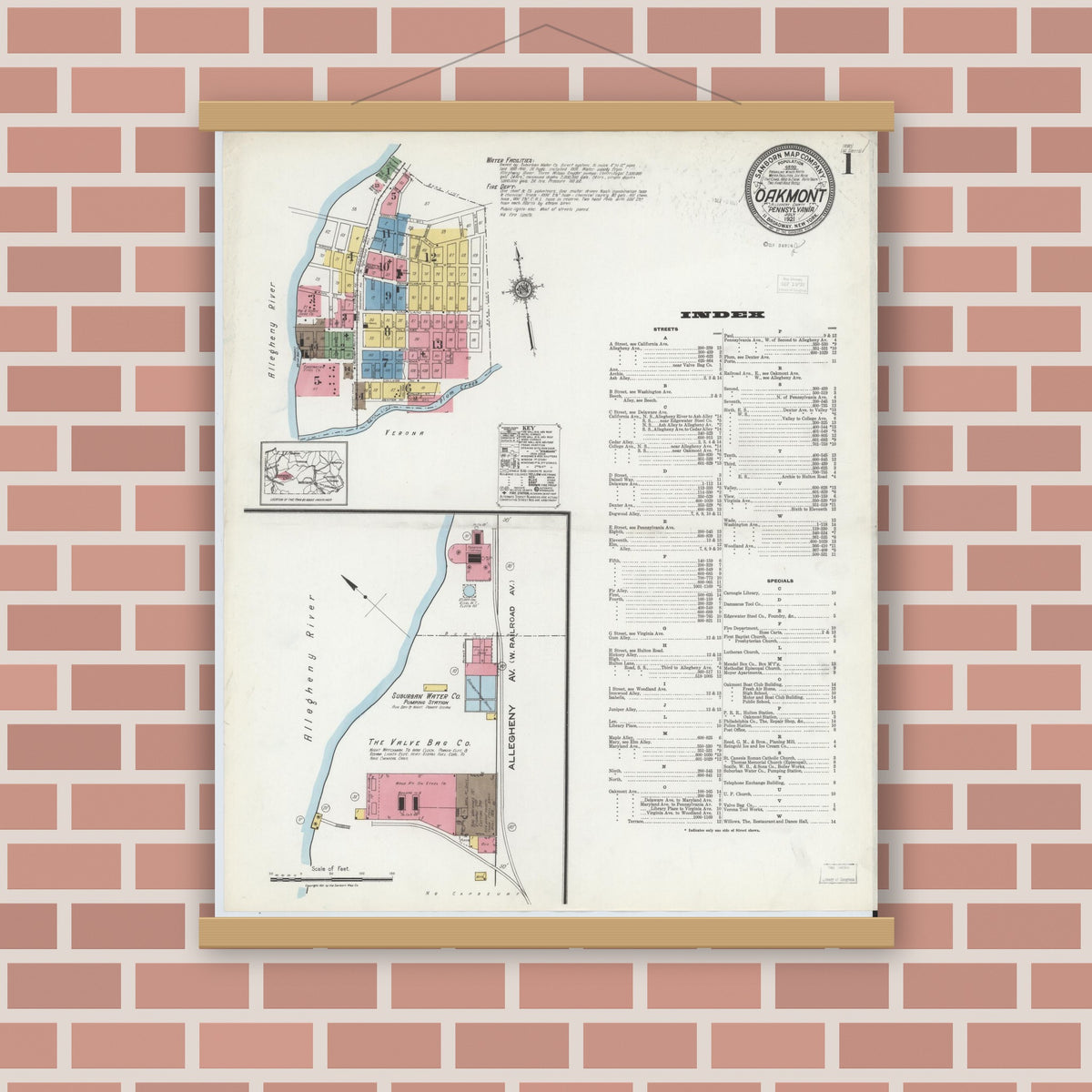 Old map wall art mockup — magnetic wood frame on brick wall — Sanborn Fire Insurance Map from Oakmont, Allegheny County, Pennsylvania (1921) - Complete Map Set