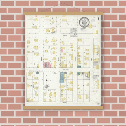 Old map wall art mockup — magnetic wood frame on brick wall — Sanborn Fire Insurance Map from Lima, LaGrange County, Indiana (1909) - Complete Map Set