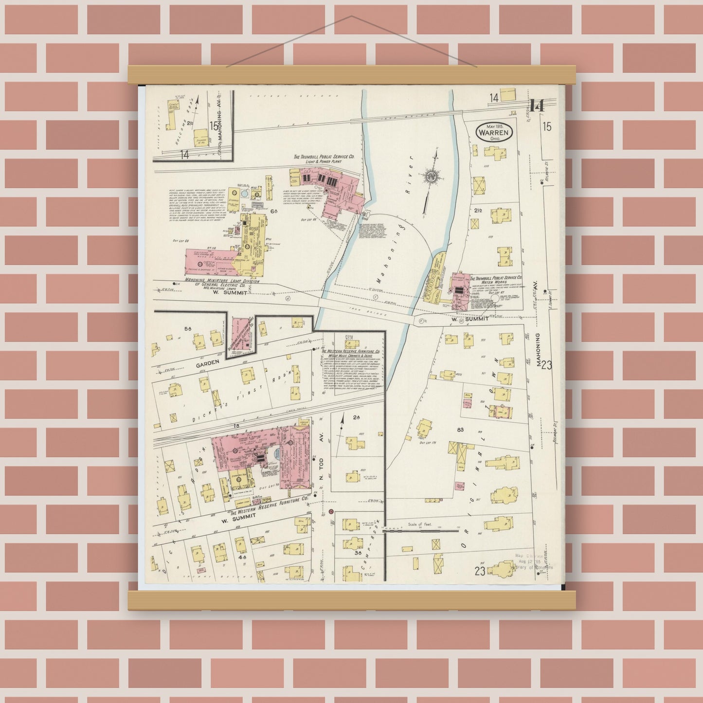 Old map wall art mockup — magnetic wood frame on brick wall — Sanborn Fire Insurance Map from Warren, Trumbull County, Ohio (1915), Sheet #0014