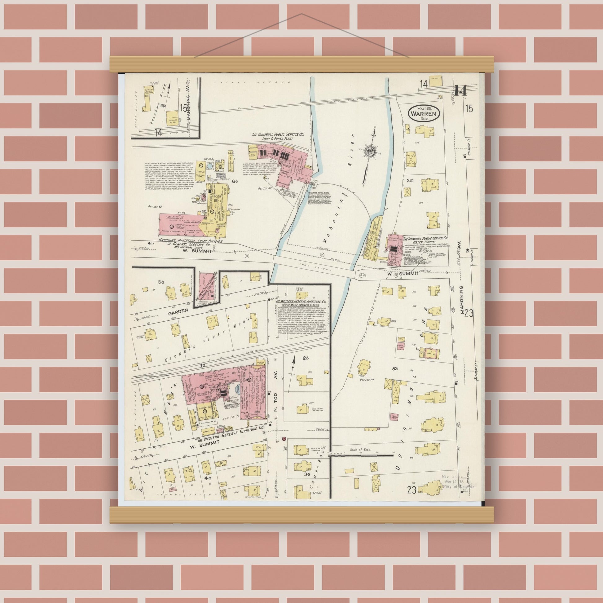 Old map wall art mockup — magnetic wood frame on brick wall — Sanborn Fire Insurance Map from Warren, Trumbull County, Ohio (1915), Sheet #0014