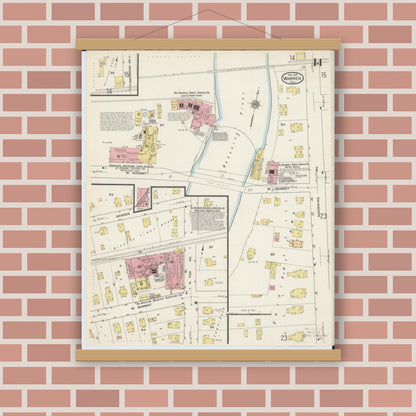 Old map wall art mockup — magnetic wood frame on brick wall — Sanborn Fire Insurance Map from Warren, Trumbull County, Ohio (1915), Sheet #0014