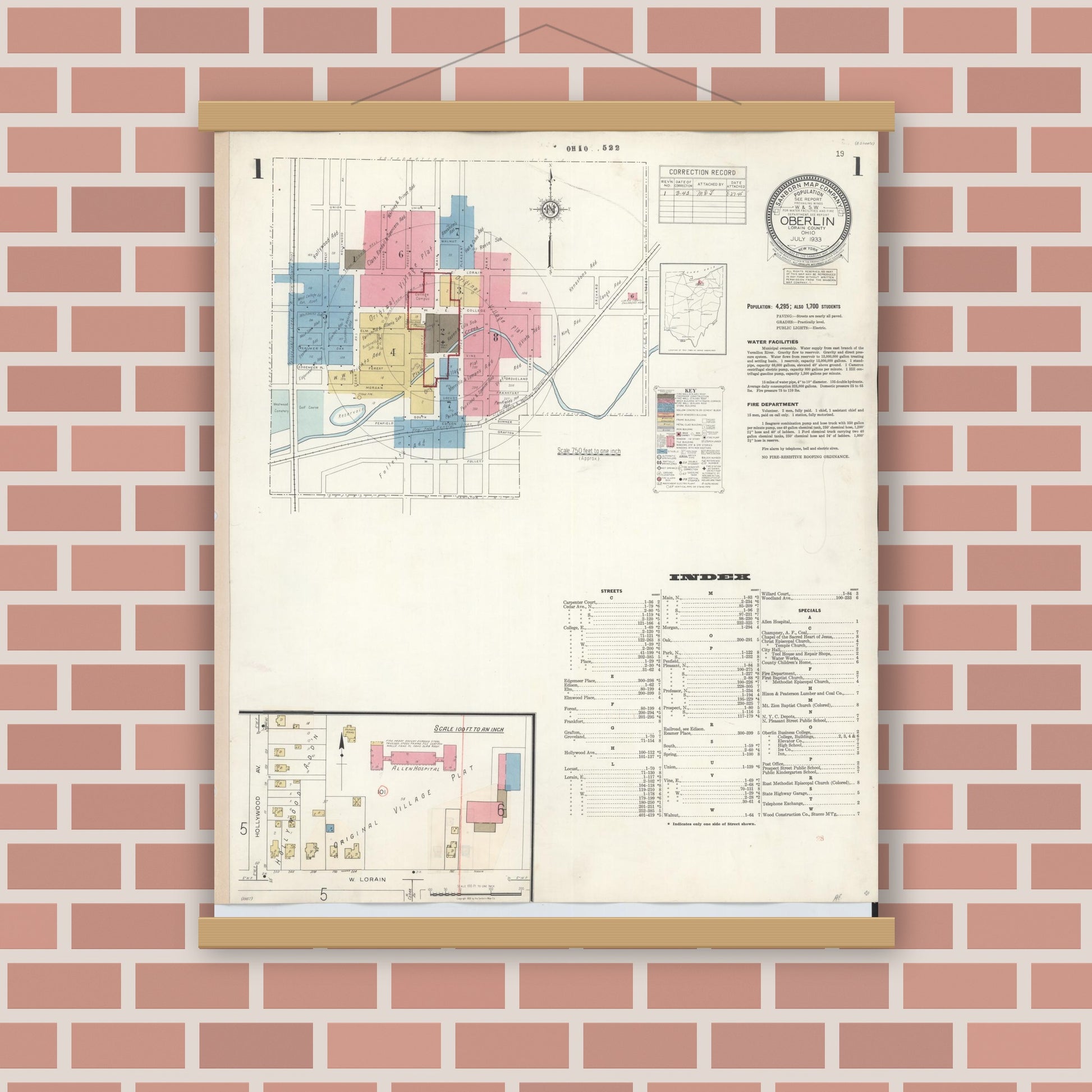 Old map wall art mockup — magnetic wood frame on brick wall — Sanborn Fire Insurance Map from Oberlin, Lorain County, Ohio (1942), Sheet #0001