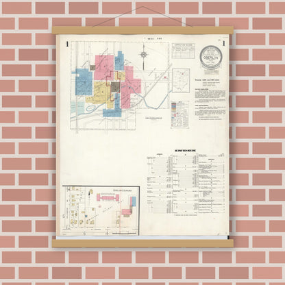 Old map wall art mockup — magnetic wood frame on brick wall — Sanborn Fire Insurance Map from Oberlin, Lorain County, Ohio (1942), Sheet #0001