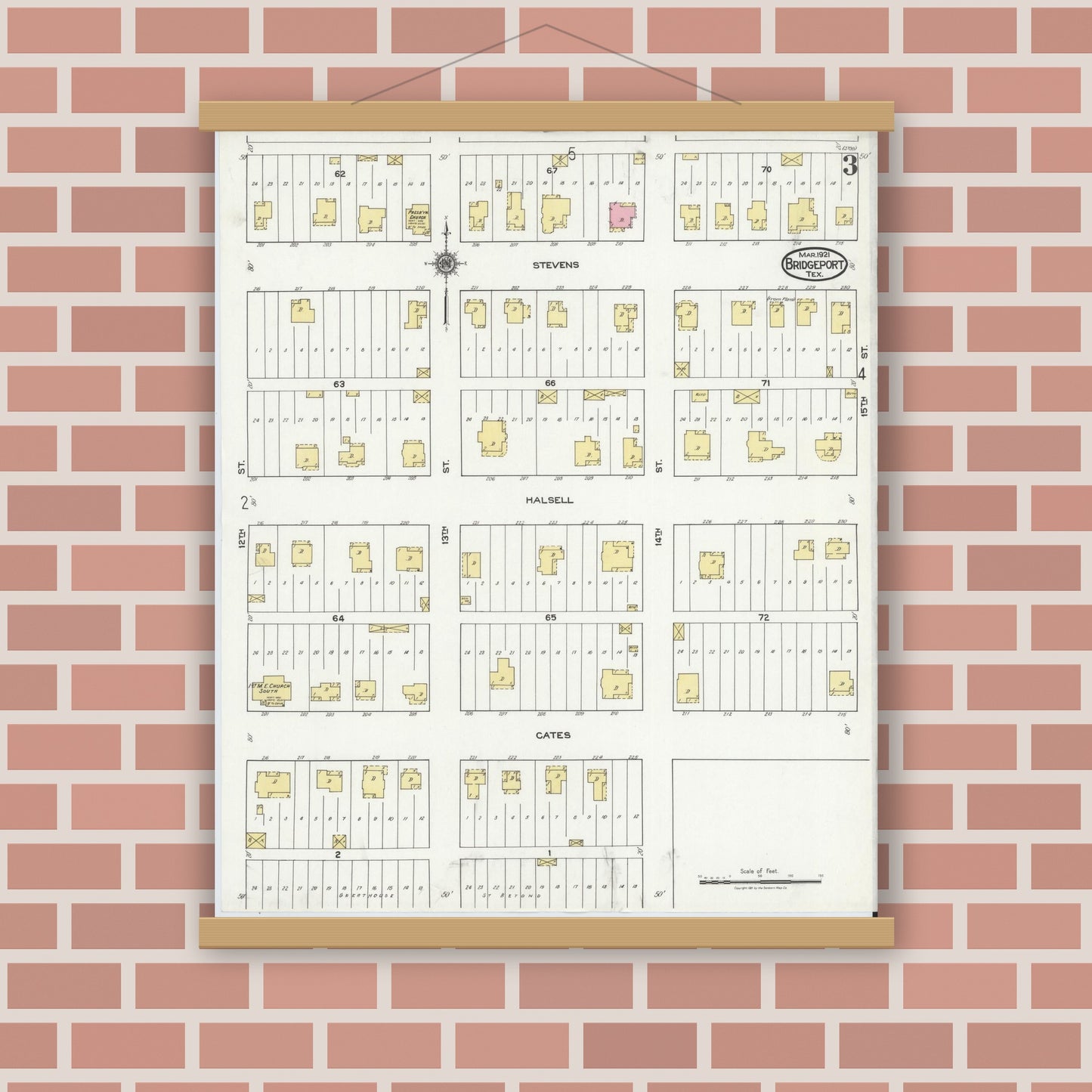 Old map wall art mockup — magnetic wood frame on brick wall — Sanborn Fire Insurance Map from Bridgeport, Wise County, Texas (1921), Sheet #0003