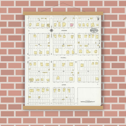 Old map wall art mockup — magnetic wood frame on brick wall — Sanborn Fire Insurance Map from Bridgeport, Wise County, Texas (1921), Sheet #0003