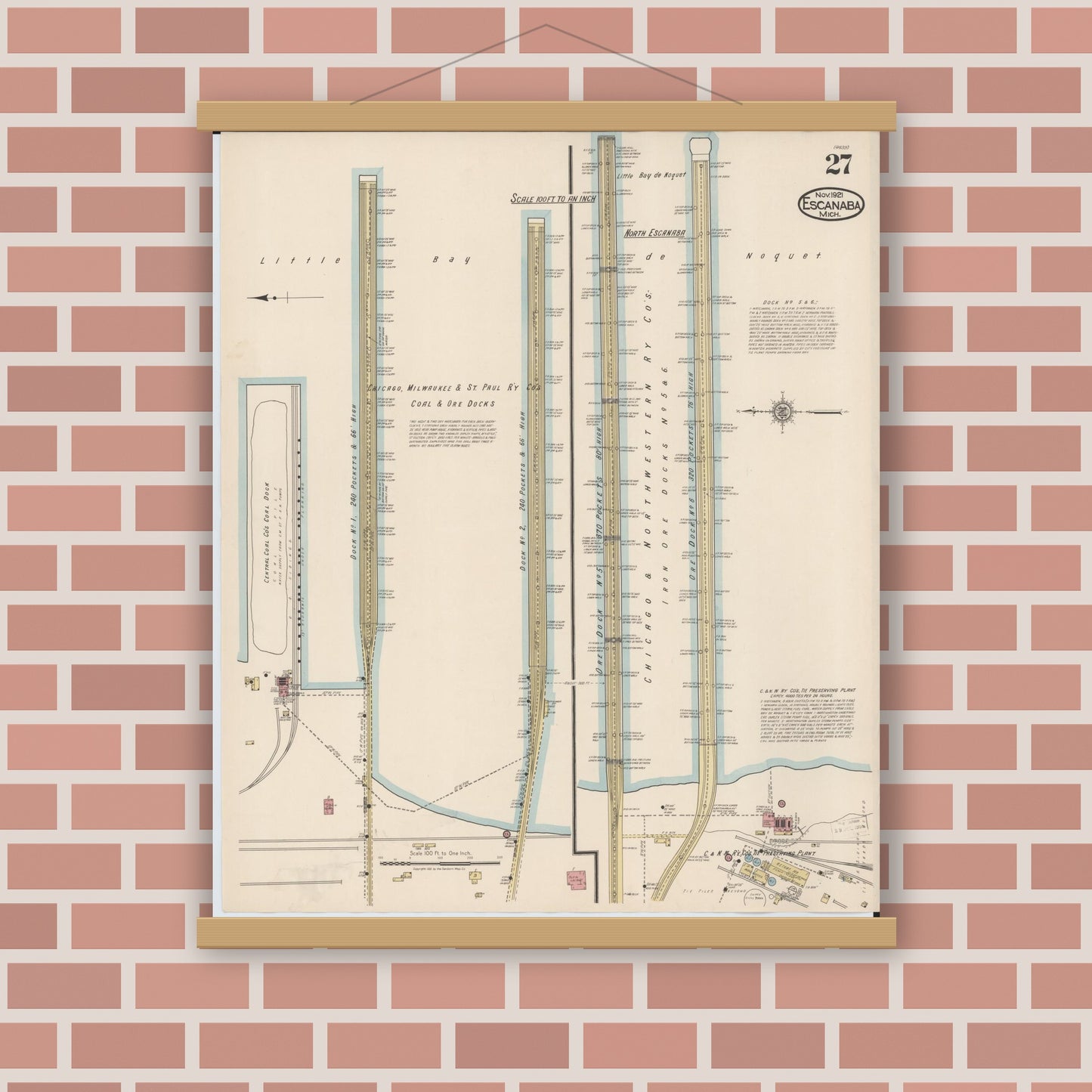 Old map wall art mockup — magnetic wood frame on brick wall — Sanborn Fire Insurance Map from Escanaba, Delta County, Michigan (1921), Sheet #0027