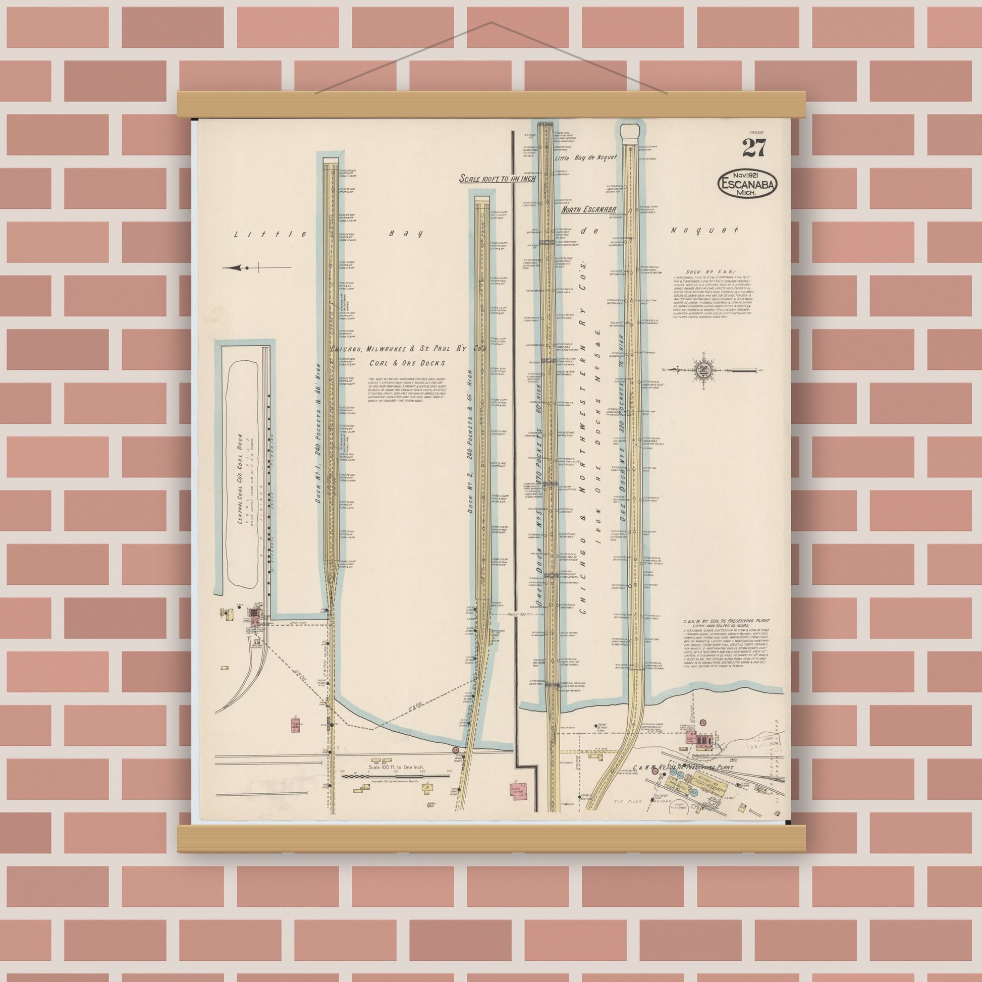 Old map wall art mockup — magnetic wood frame on brick wall — Sanborn Fire Insurance Map from Escanaba, Delta County, Michigan (1921), Sheet #0027