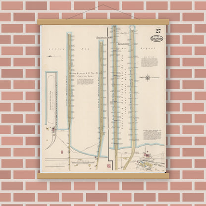 Old map wall art mockup — magnetic wood frame on brick wall — Sanborn Fire Insurance Map from Escanaba, Delta County, Michigan (1921), Sheet #0027