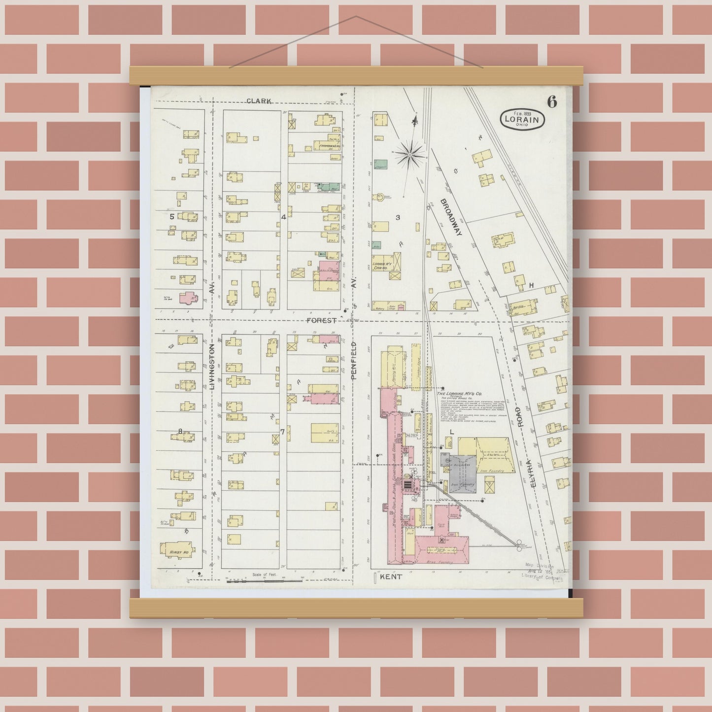 Old map wall art mockup — magnetic wood frame on brick wall — Sanborn Fire Insurance Map from Lorain, Lorain County, Ohio (1893), Sheet #0006