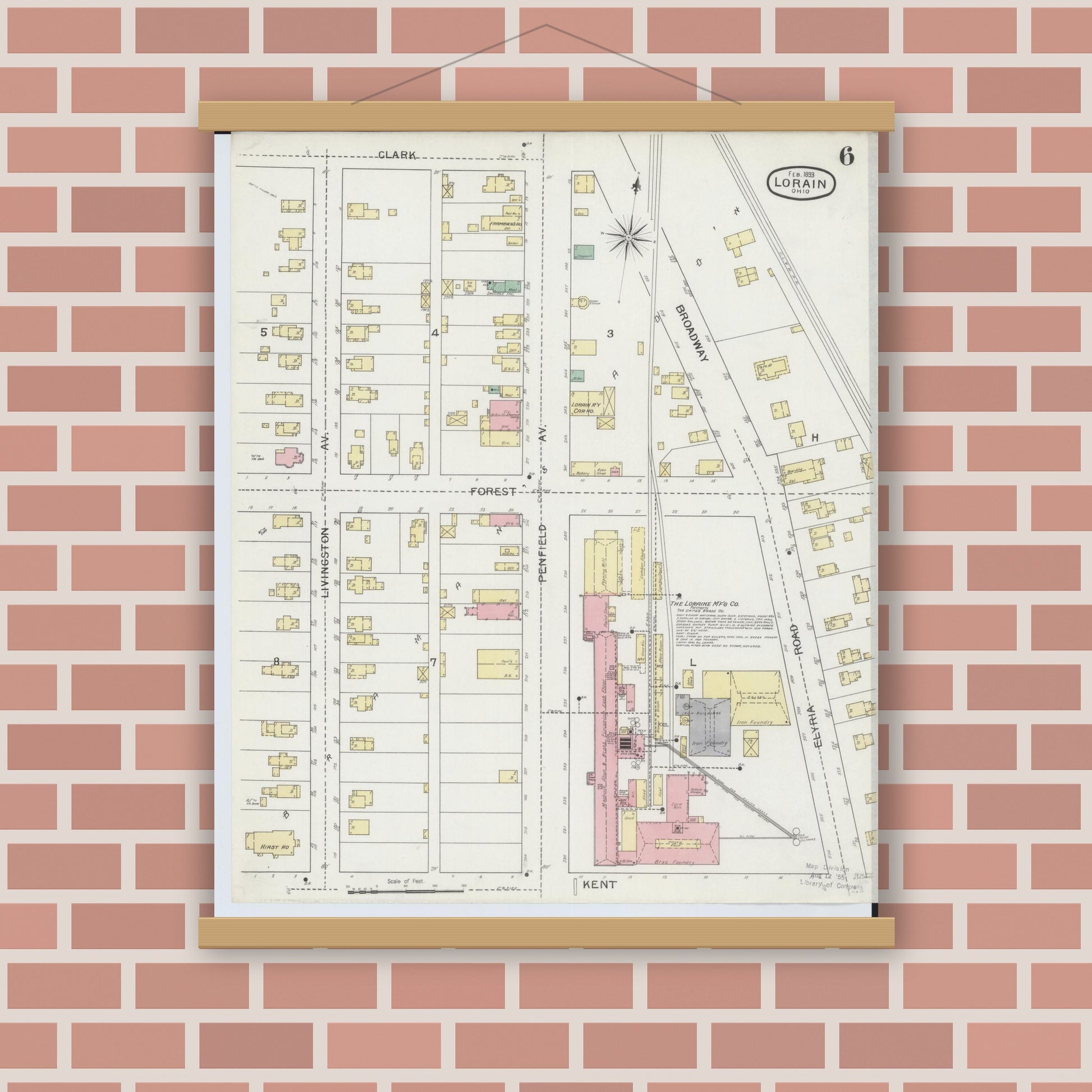 Old map wall art mockup — magnetic wood frame on brick wall — Sanborn Fire Insurance Map from Lorain, Lorain County, Ohio (1893), Sheet #0006
